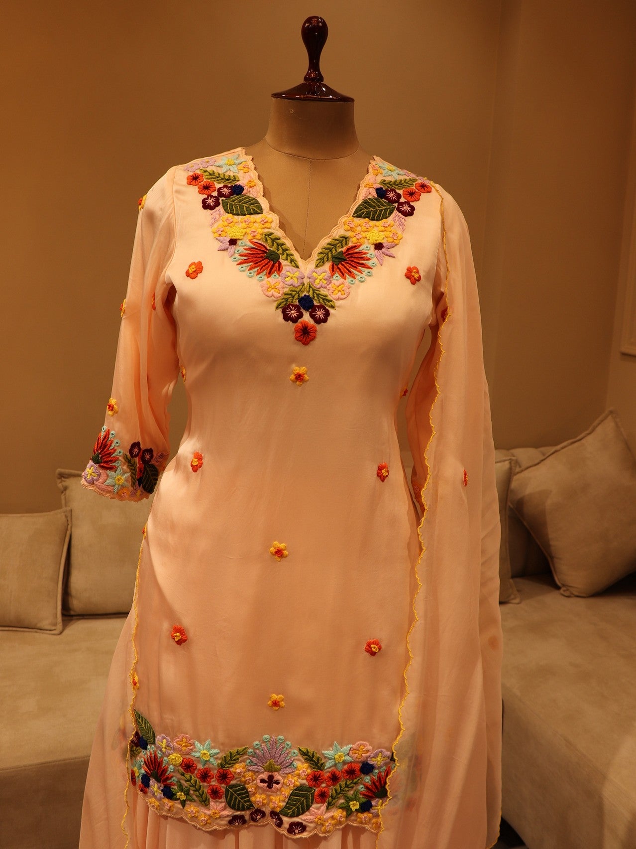 Blush pink embroidered kurta sharara dupatta
