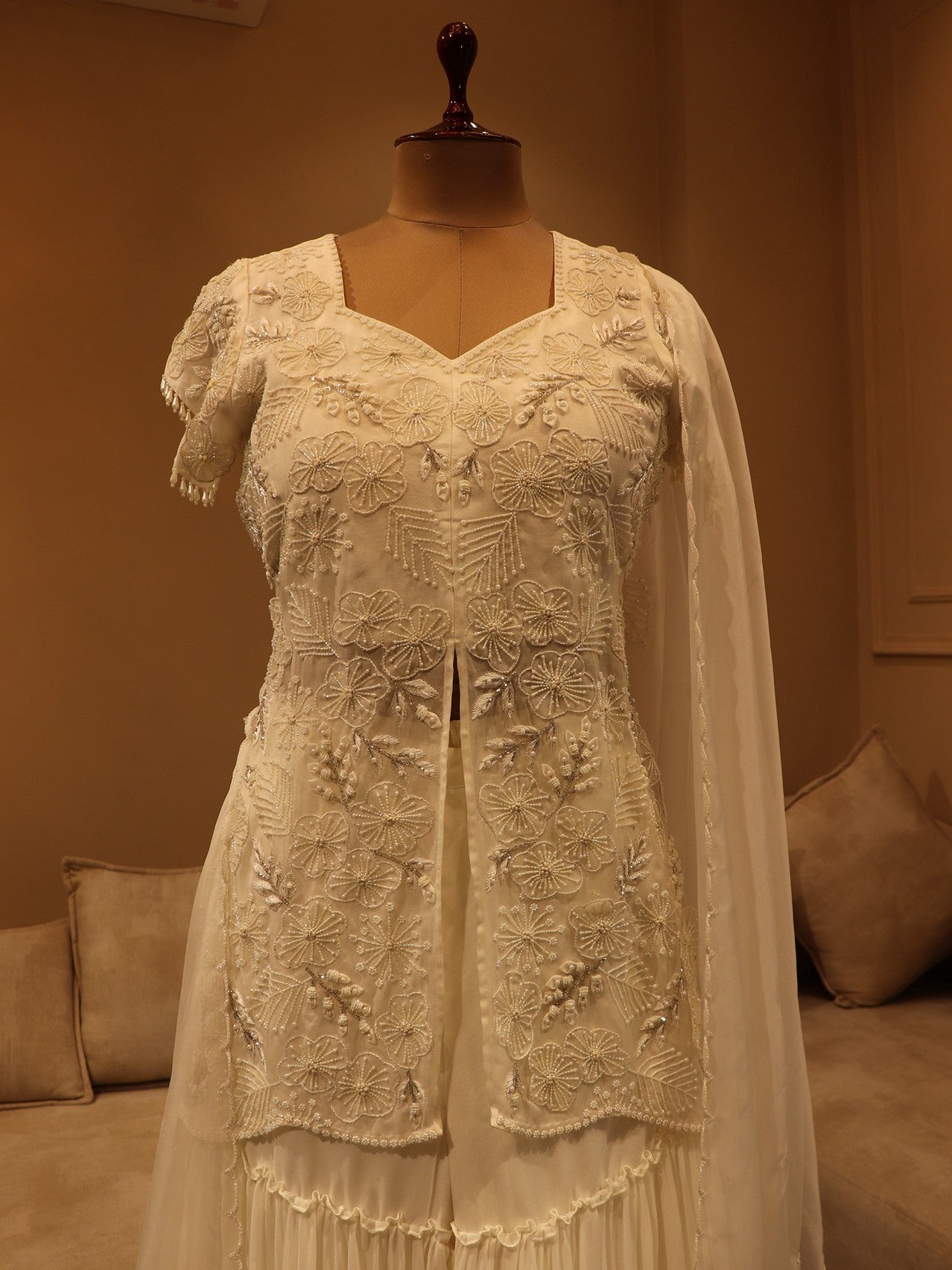 Pearl white embroidered kurta sharara dupatta