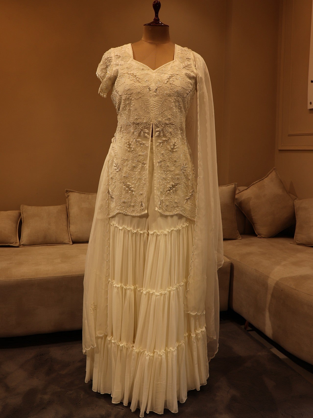 Pearl white embroidered kurta sharara dupatta