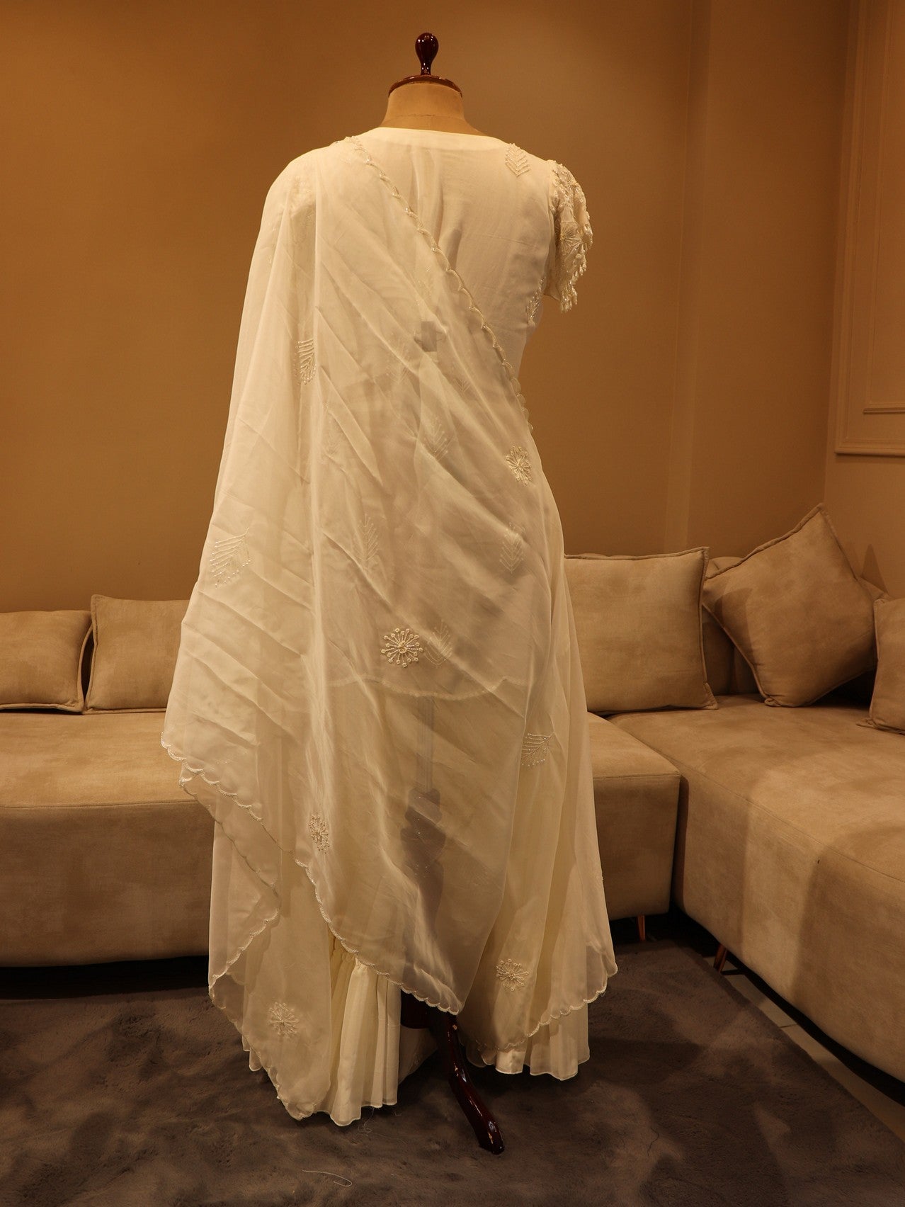 Pearl white embroidered kurta sharara dupatta