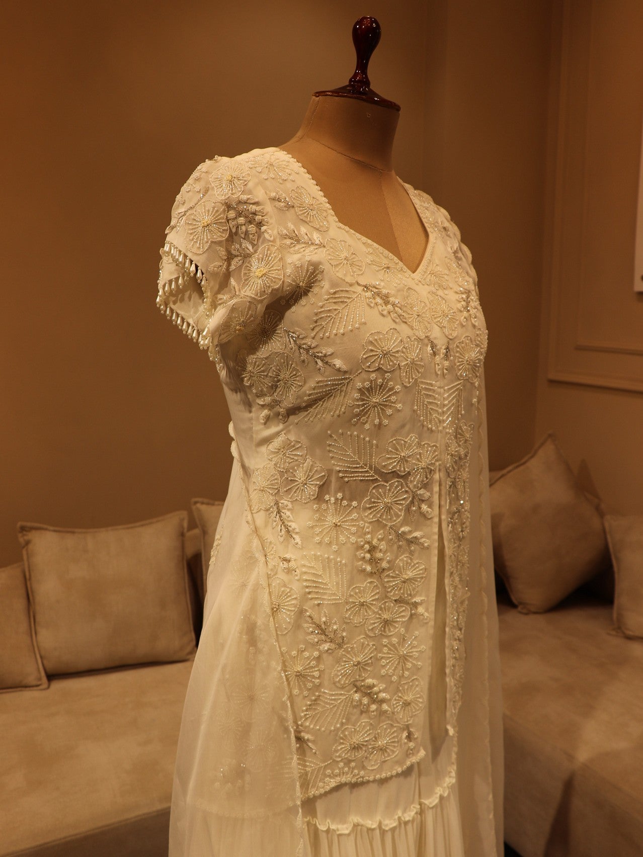 Pearl white embroidered kurta sharara dupatta