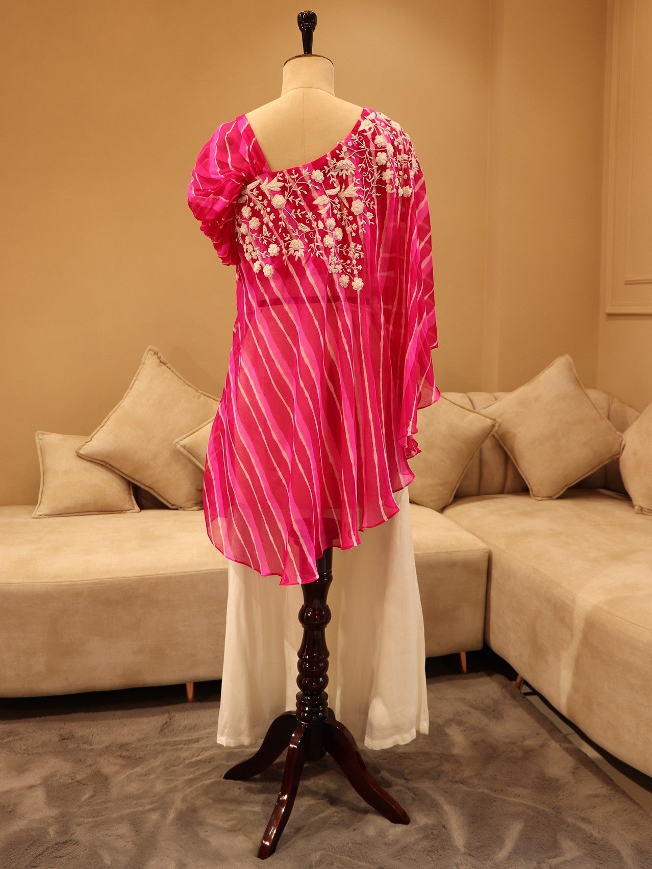 Rani pink leheriya cape top with flaired plazo