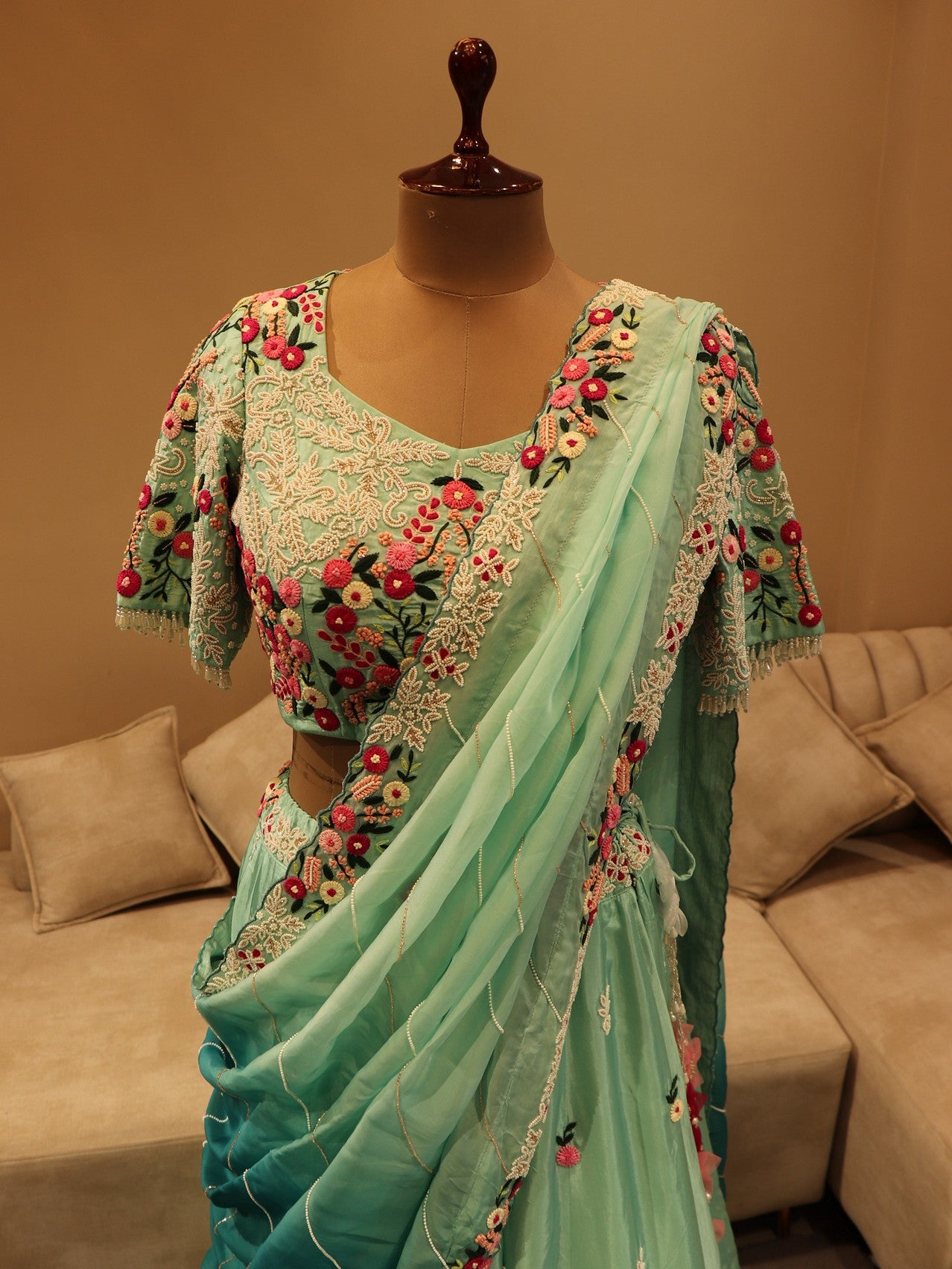Sea green shaded embroidered lehenga set