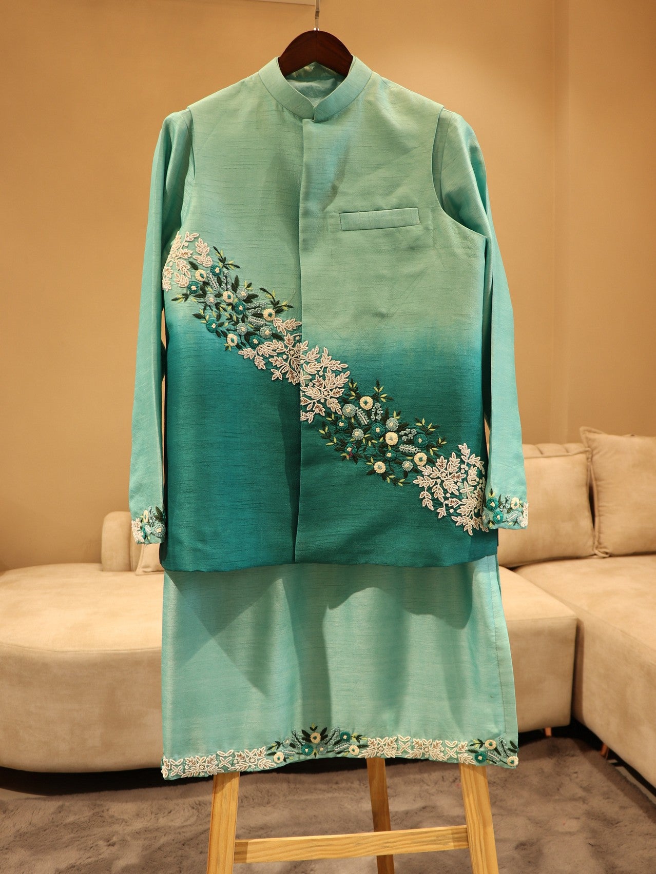 Sea green shaded embroidered mens neheru jacket with kurta pants for mens