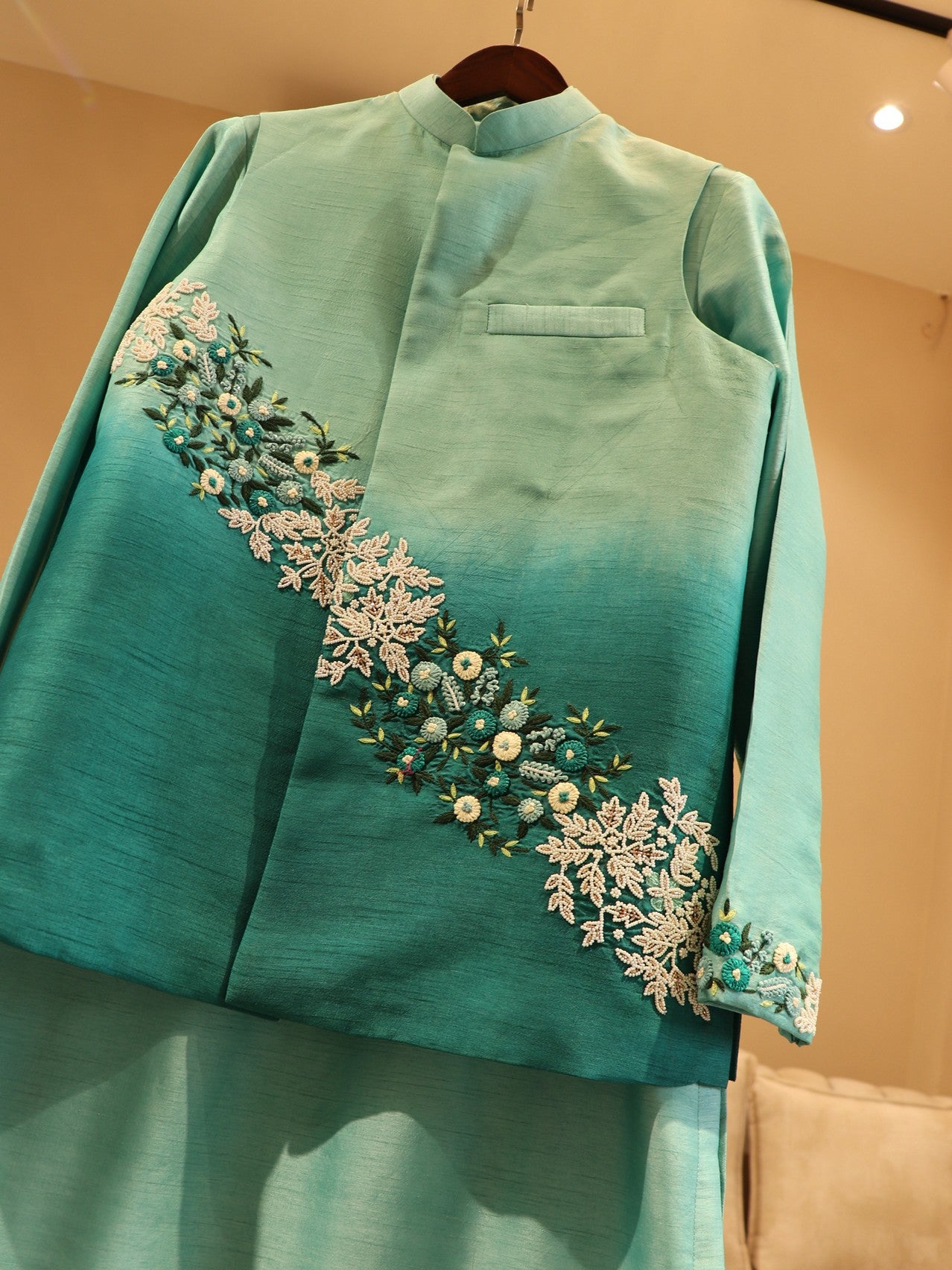 Sea green shaded embroidered mens neheru jacket with kurta pants for mens