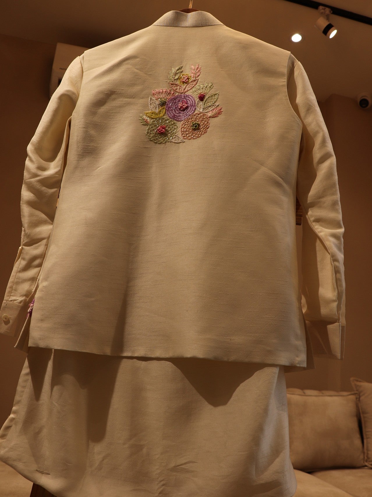 Pearl white neheru jacket with kurta and pants