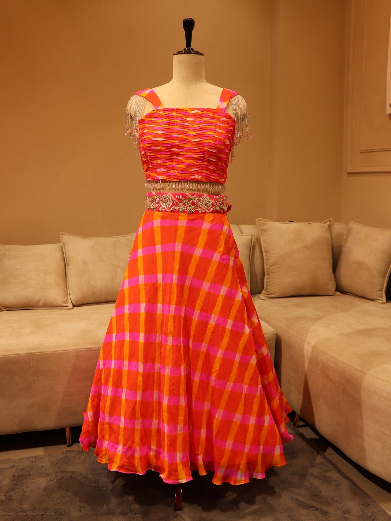 Rani orange leheriya crop top skirt set