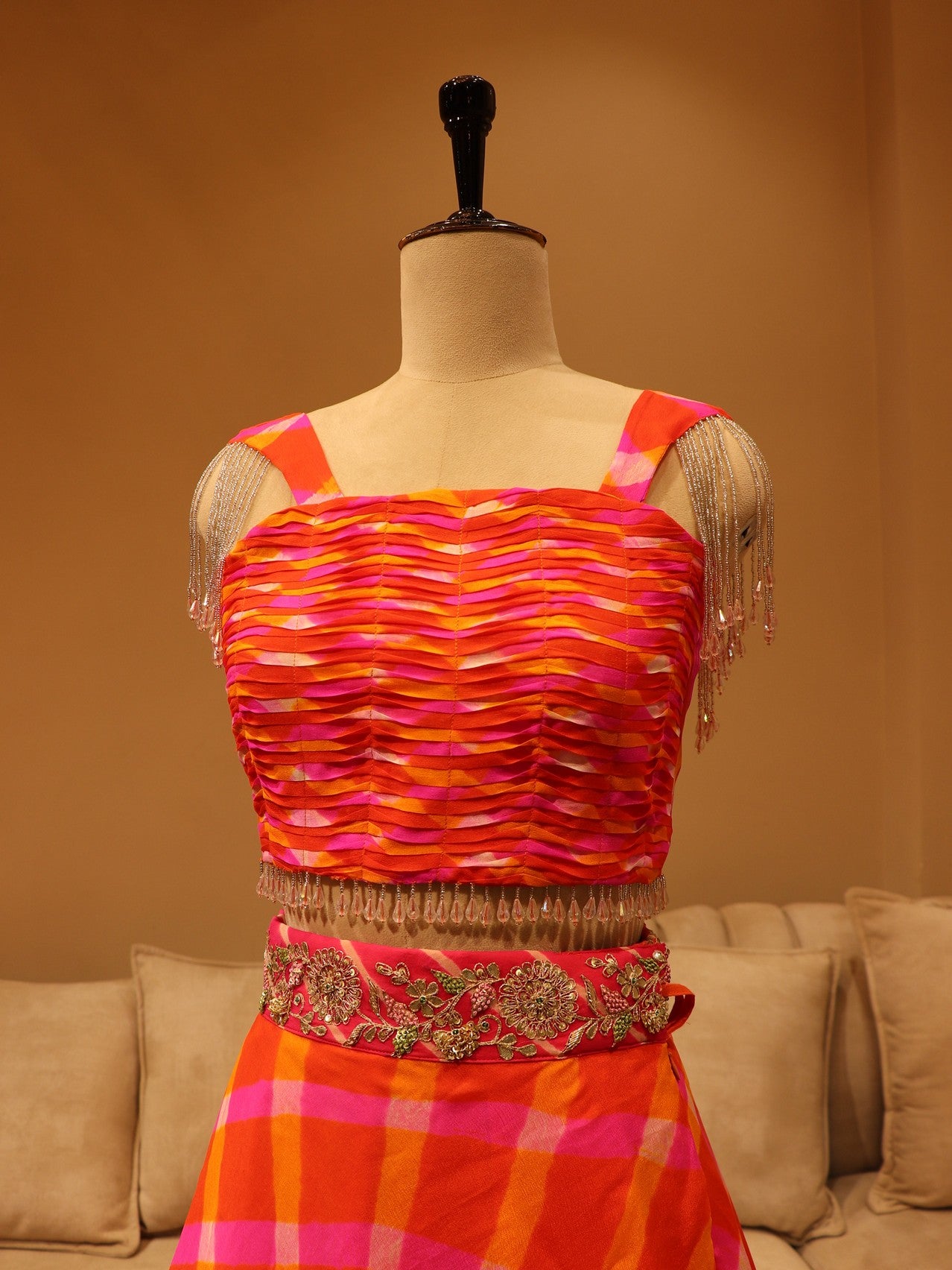 Rani orange leheriya crop top skirt set