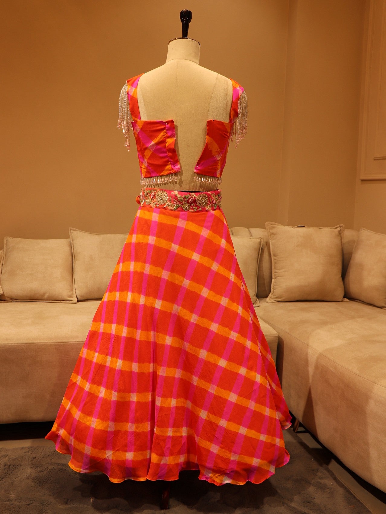 Rani orange leheriya crop top skirt set