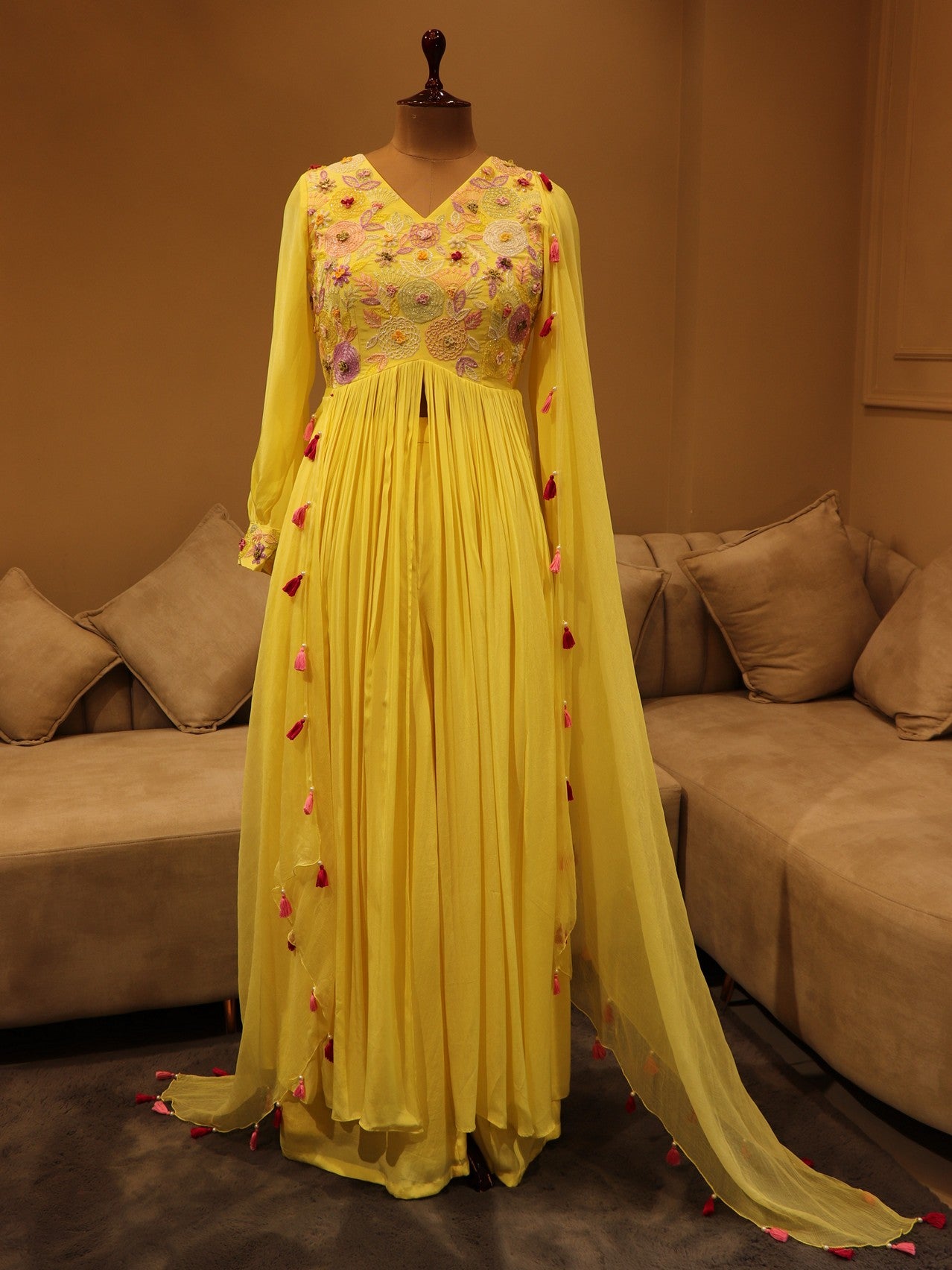 Yellow embroidered top with plazo and dupatta