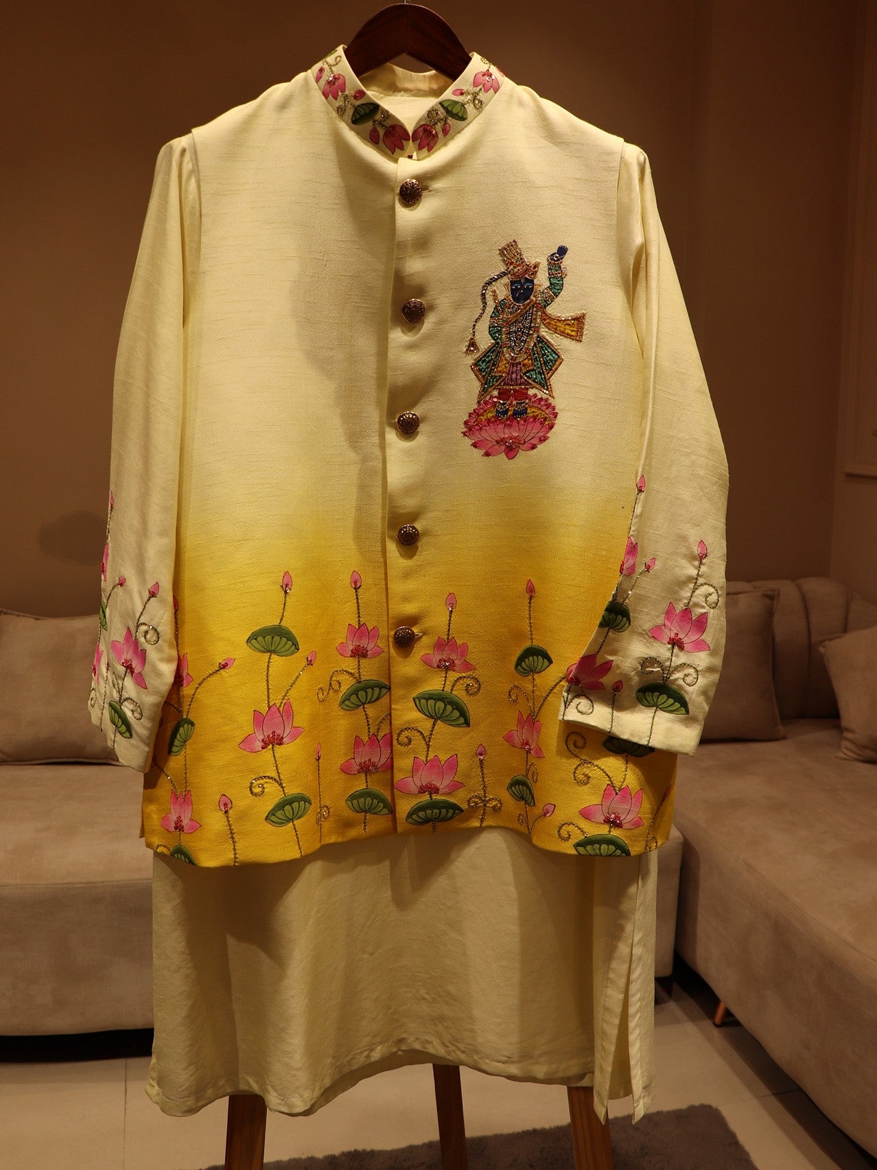 Mustard yellow srinathji pichwai handpainted mens neheru jacket kurta pants