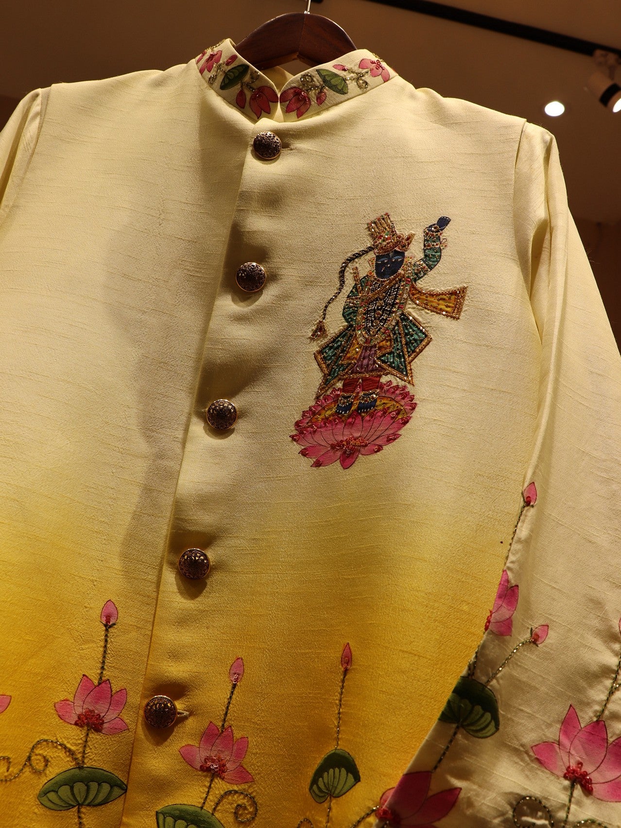 Mustard yellow srinathji pichwai handpainted mens neheru jacket kurta pants