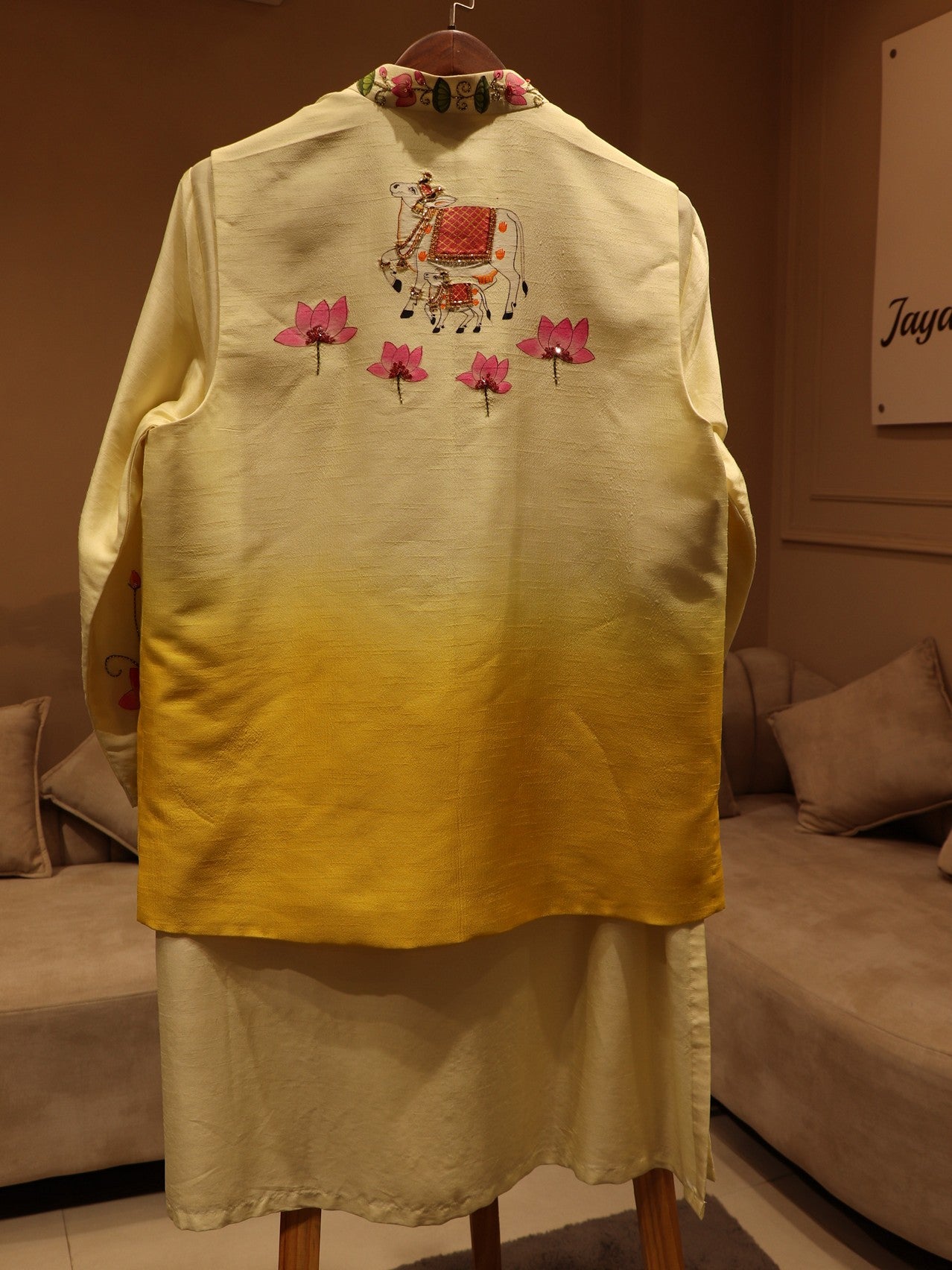 Mustard yellow srinathji pichwai handpainted mens neheru jacket kurta pants