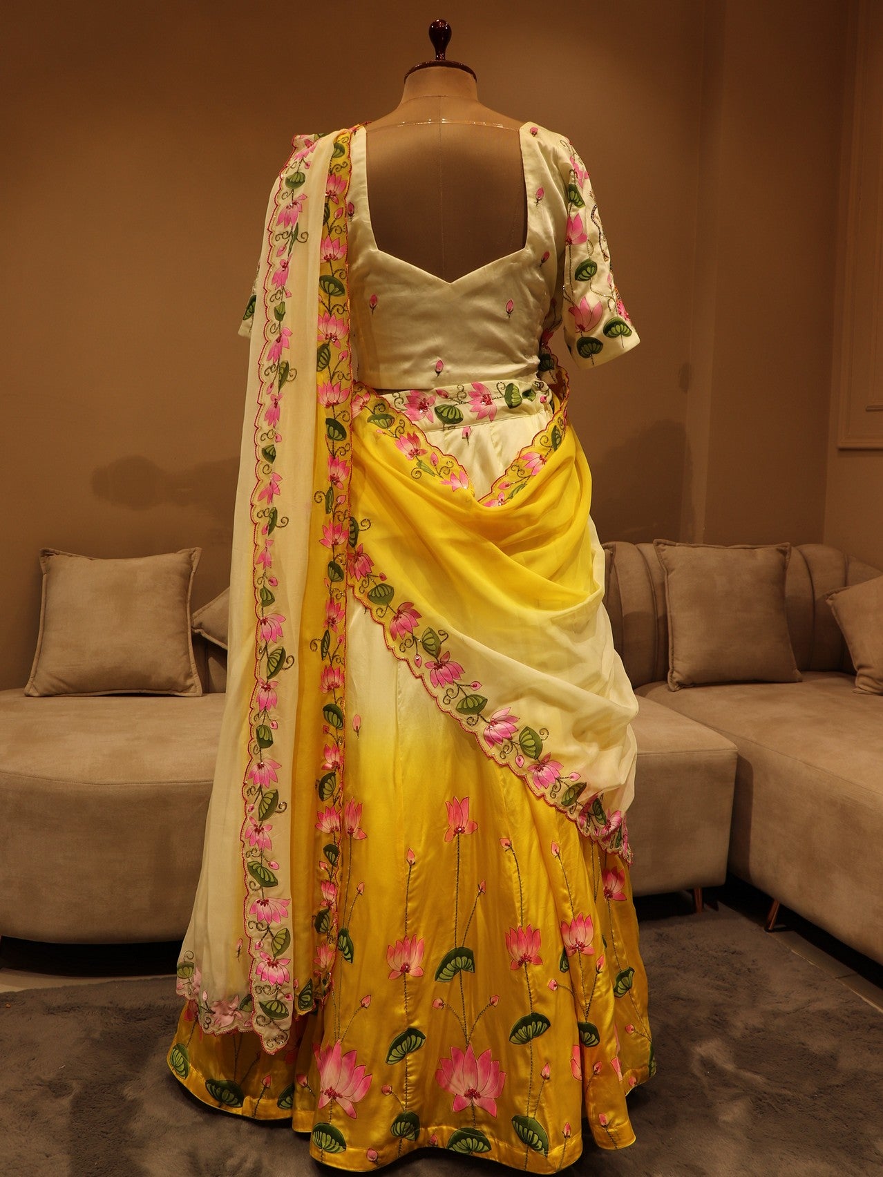 Mustard yellow shaded srinathji pichwai lehenga