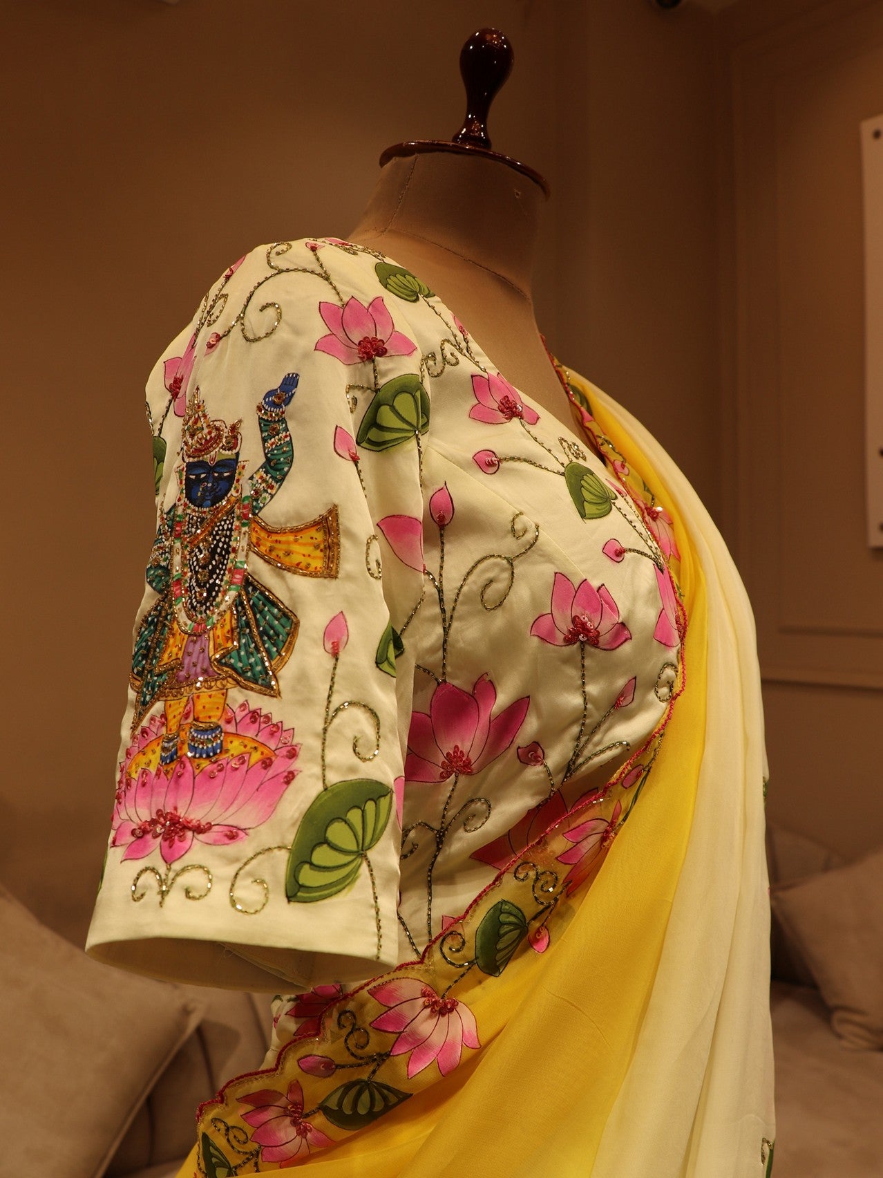 Mustard yellow shaded srinathji pichwai lehenga