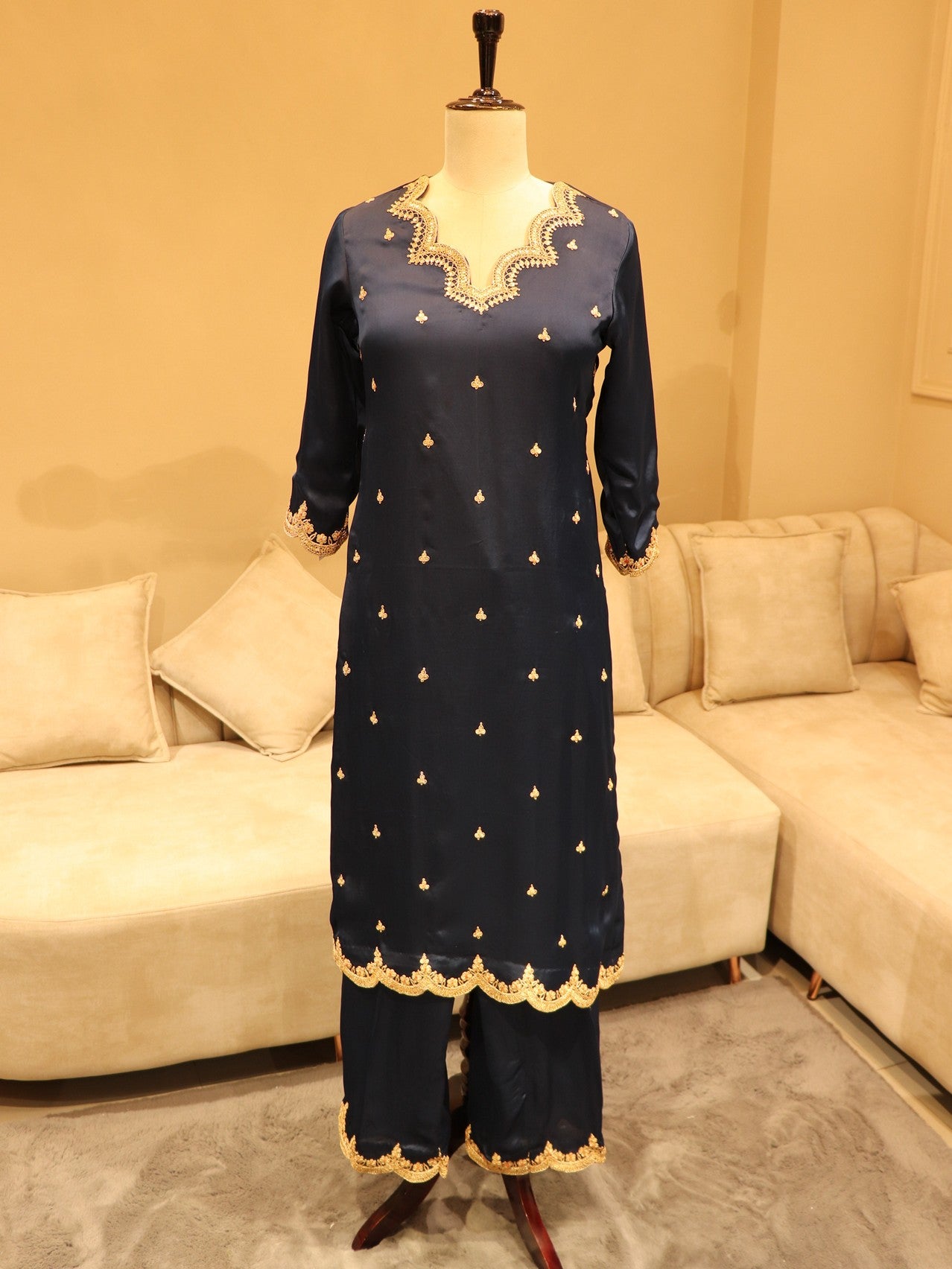 Navy blue marodi kurta pants with dupatta