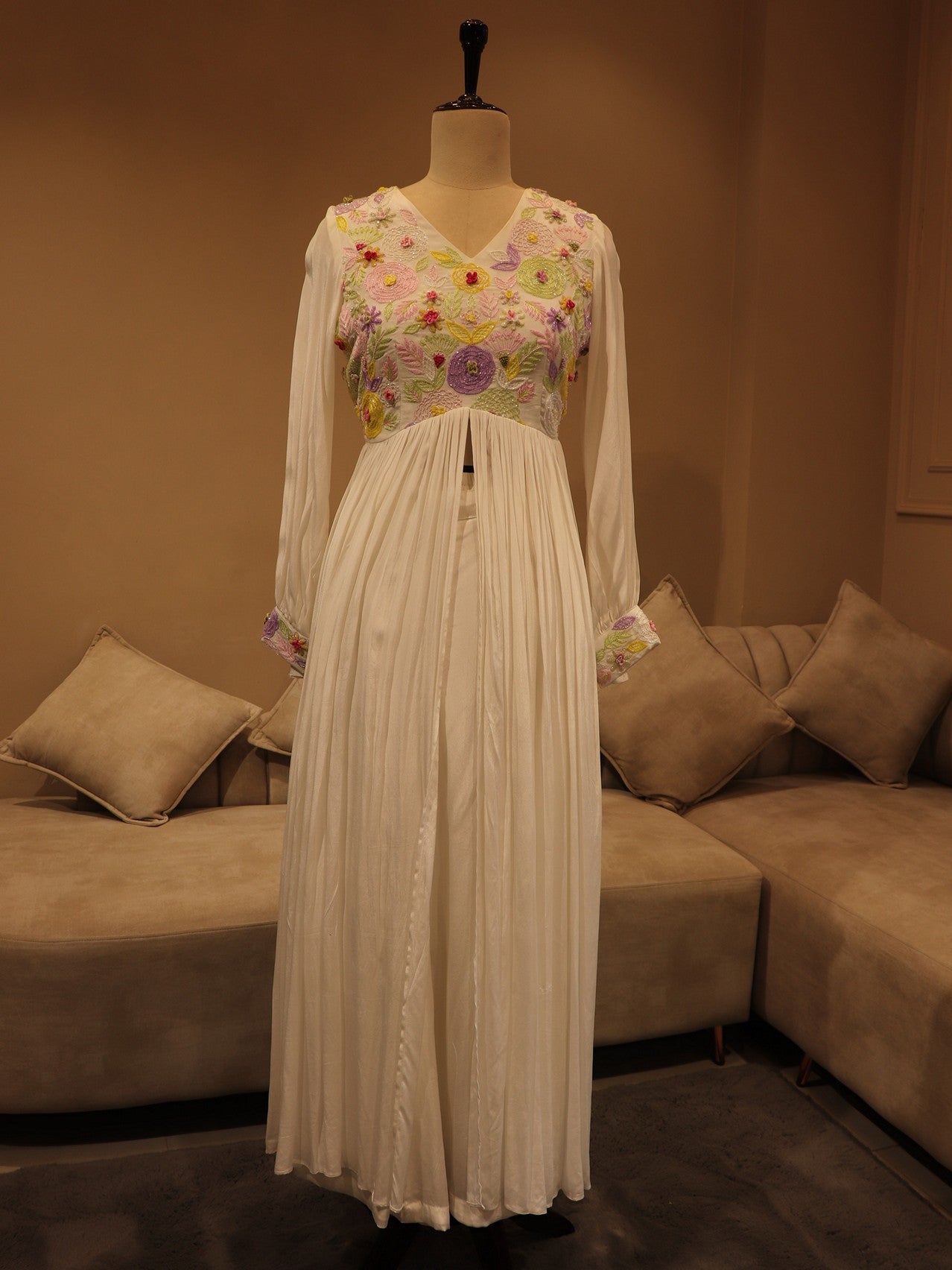 White flaired top with plazo chiffon