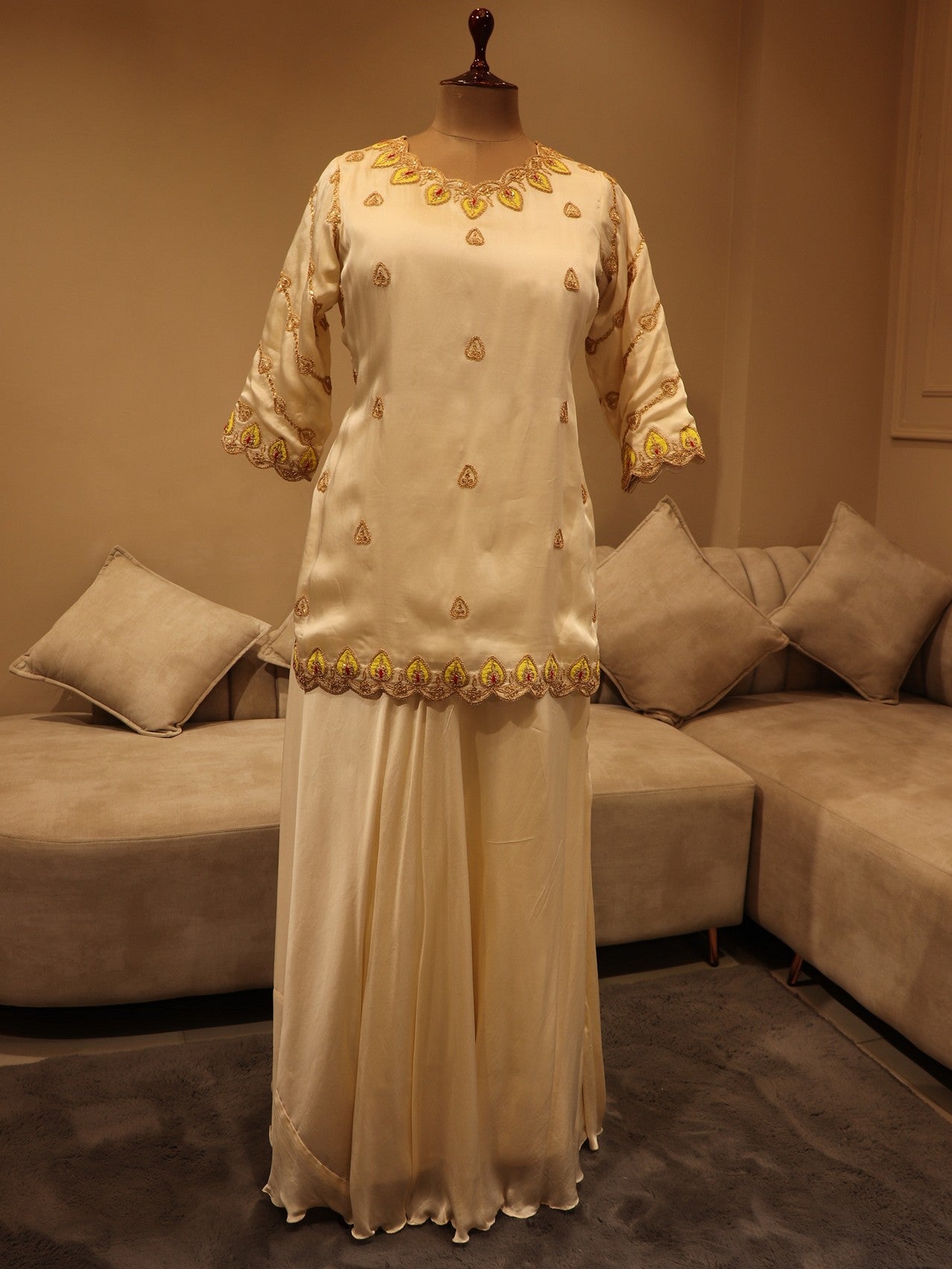 Pearl white marodi kurta plazo dupatta