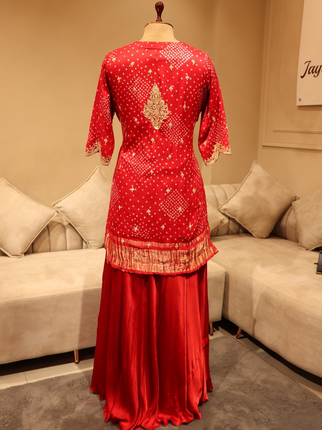 Red bandhej kurta skirt set