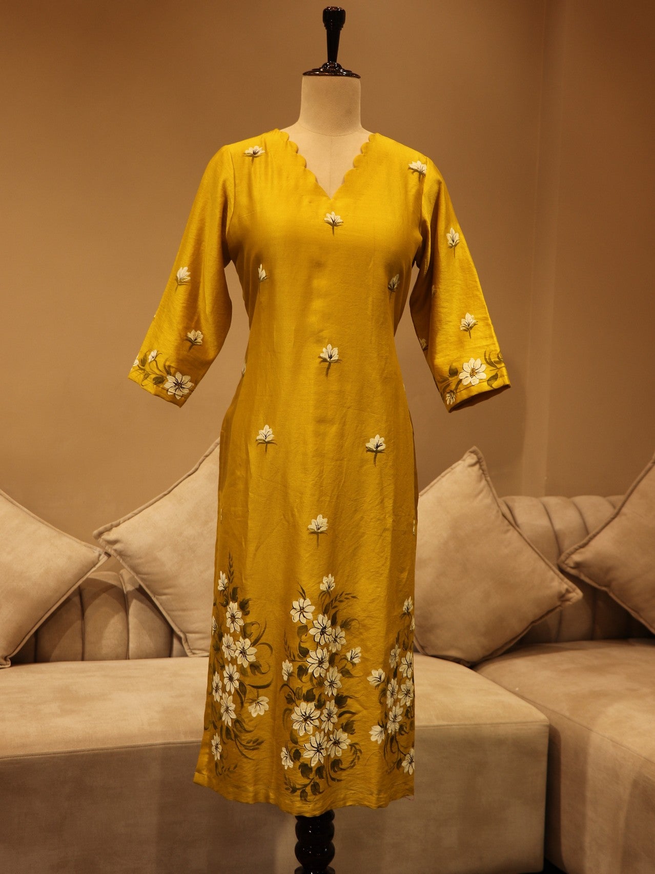 Greenish yellow handpainted kurta pants dupatta