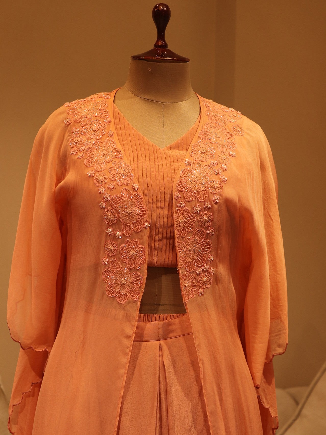 Peach crop top plazo with cape