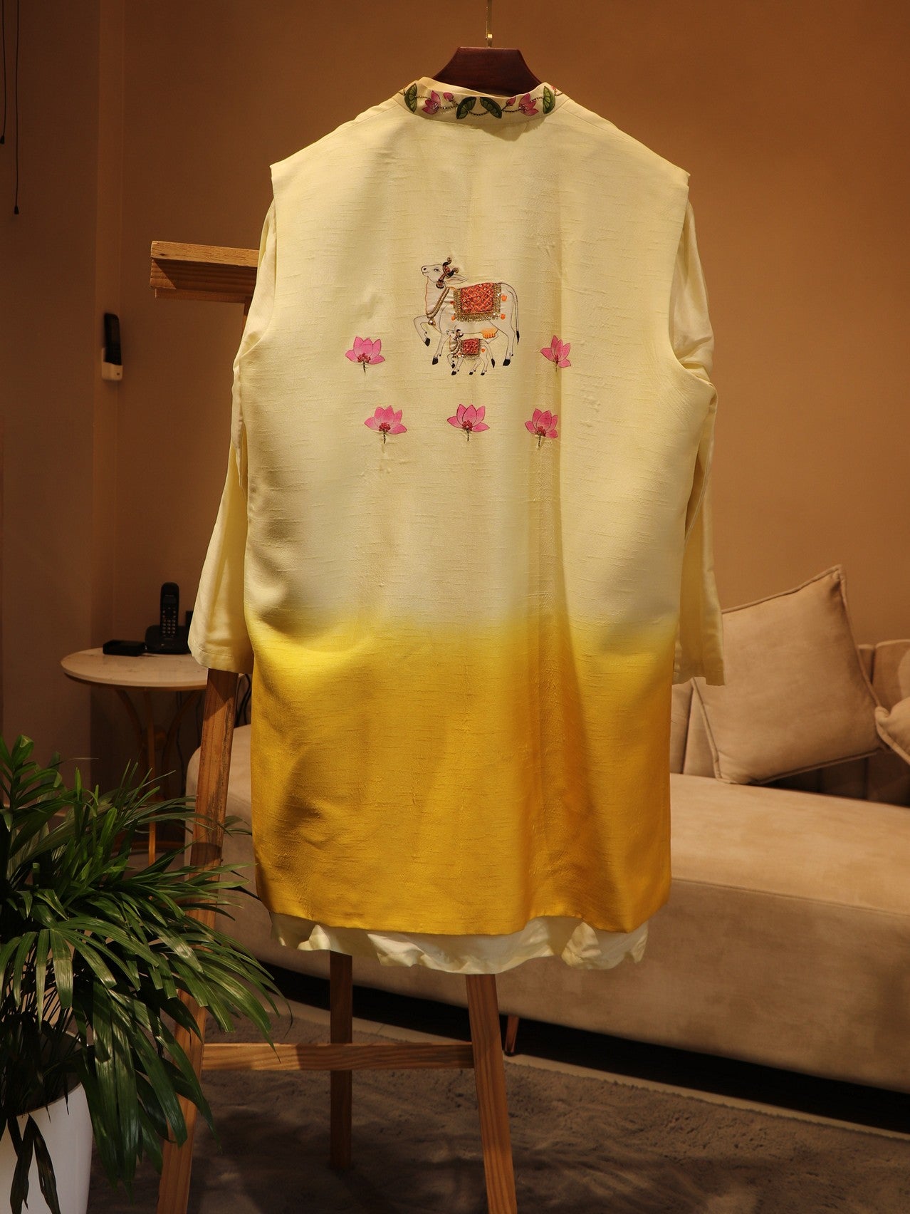 Yellow shaded pichwai shreenathji mens kurta jacket with pants