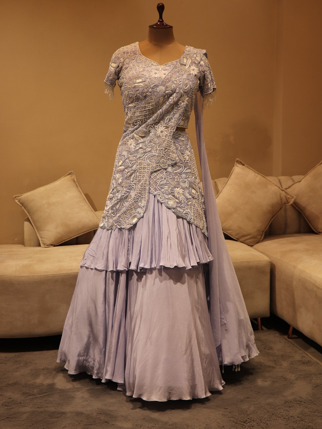 Ice blue drape lehenga set