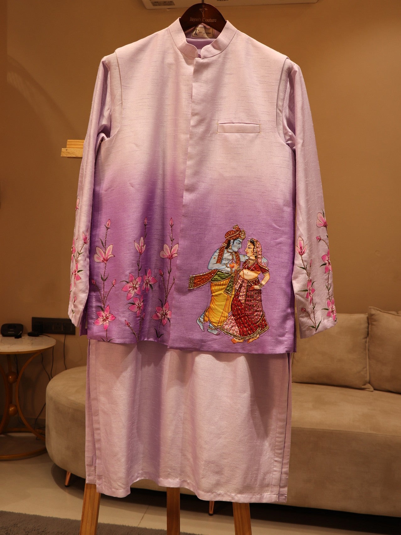 lavander shaded mens handpainted mens jacket with kurta pants