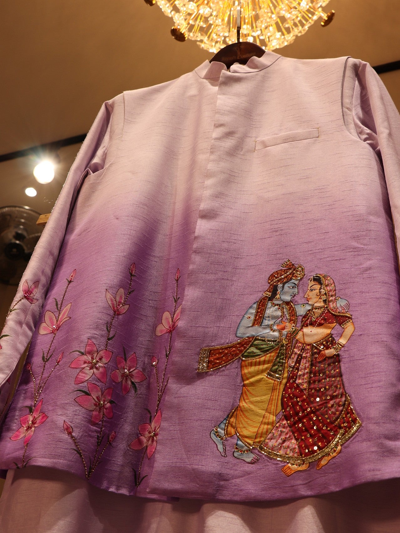 lavander shaded mens handpainted mens jacket with kurta pants