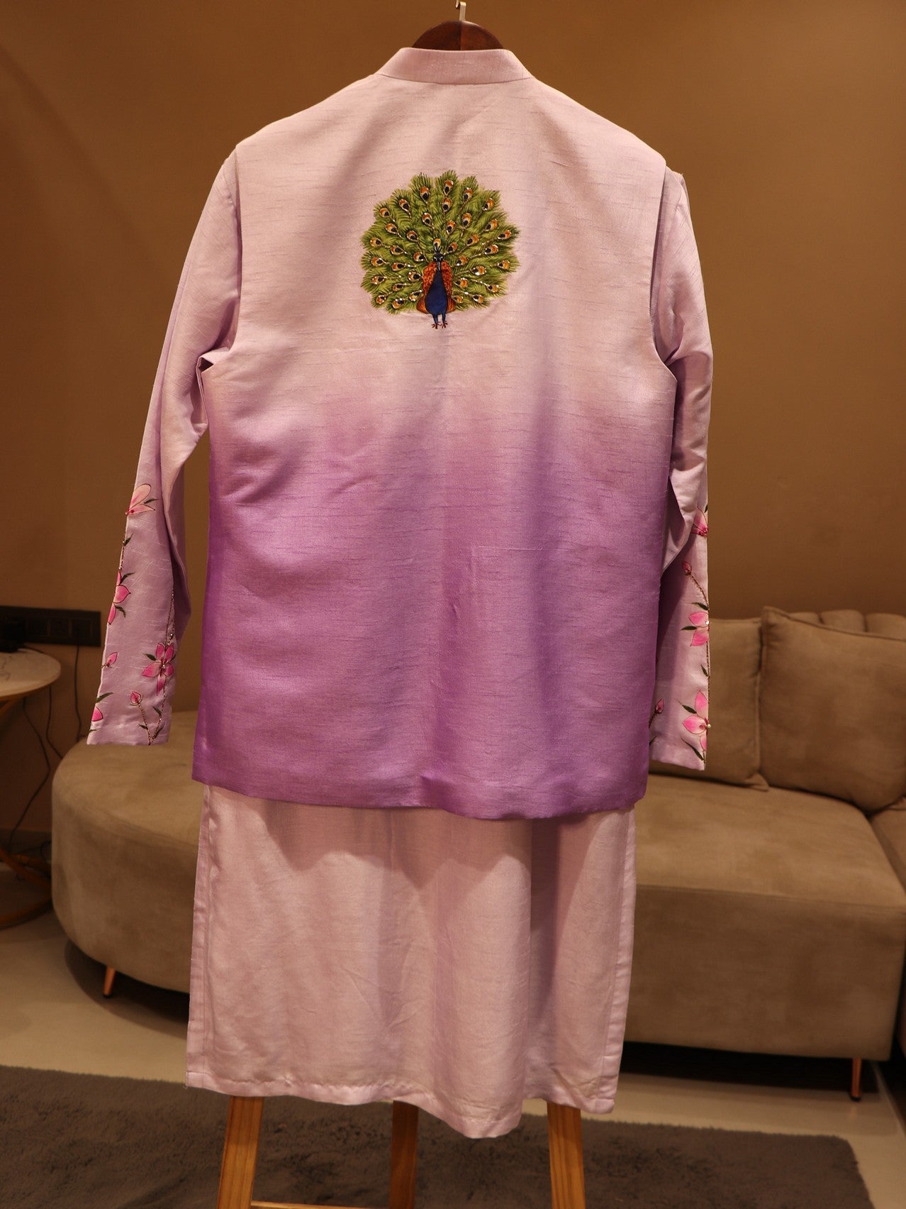 lavander shaded mens handpainted mens jacket with kurta pants