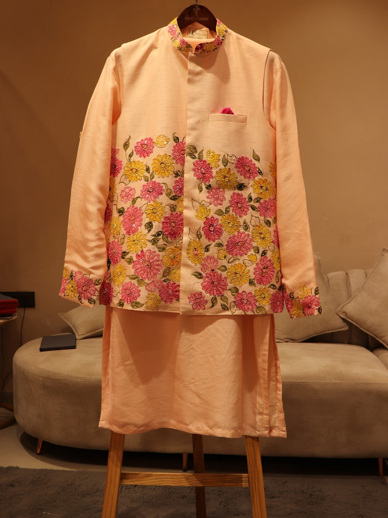 Pastel peach hand painted mens neheru jacket kurta pants