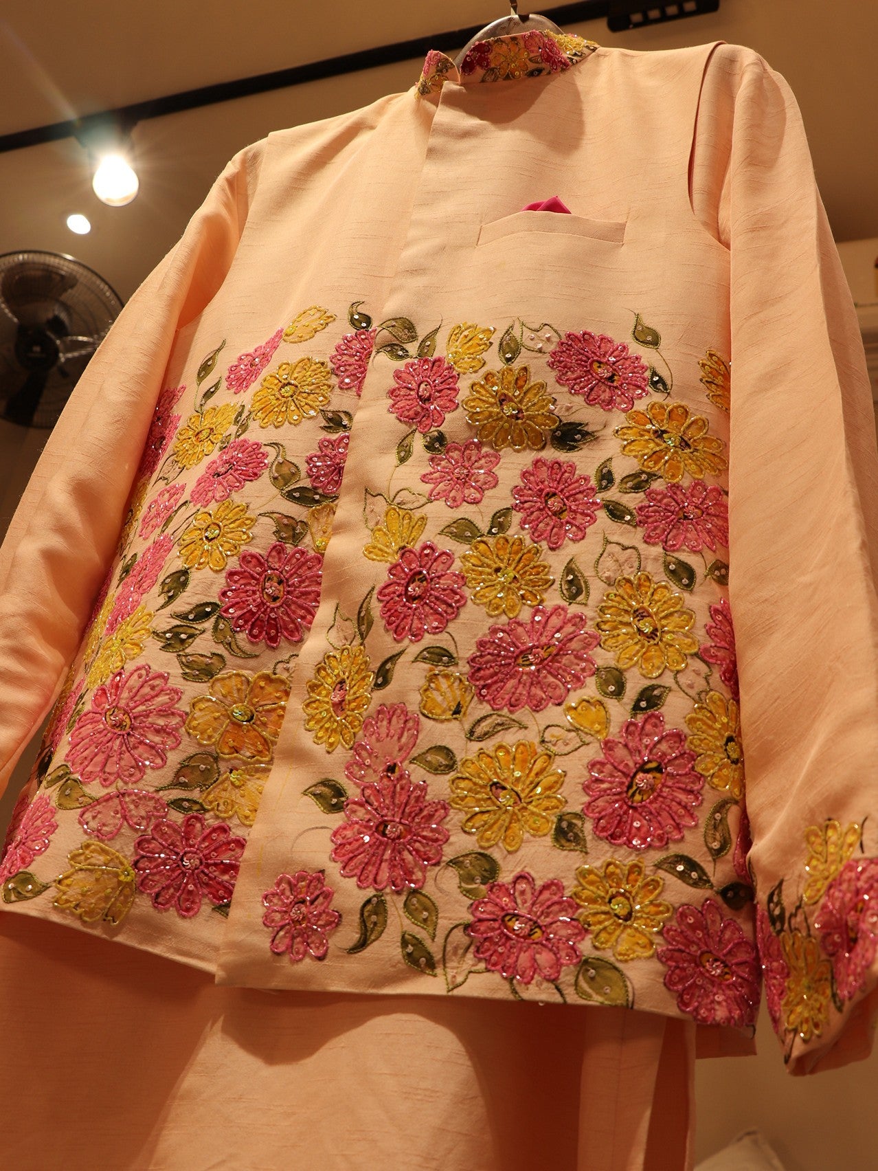 Pastel peach hand painted mens neheru jacket kurta pants