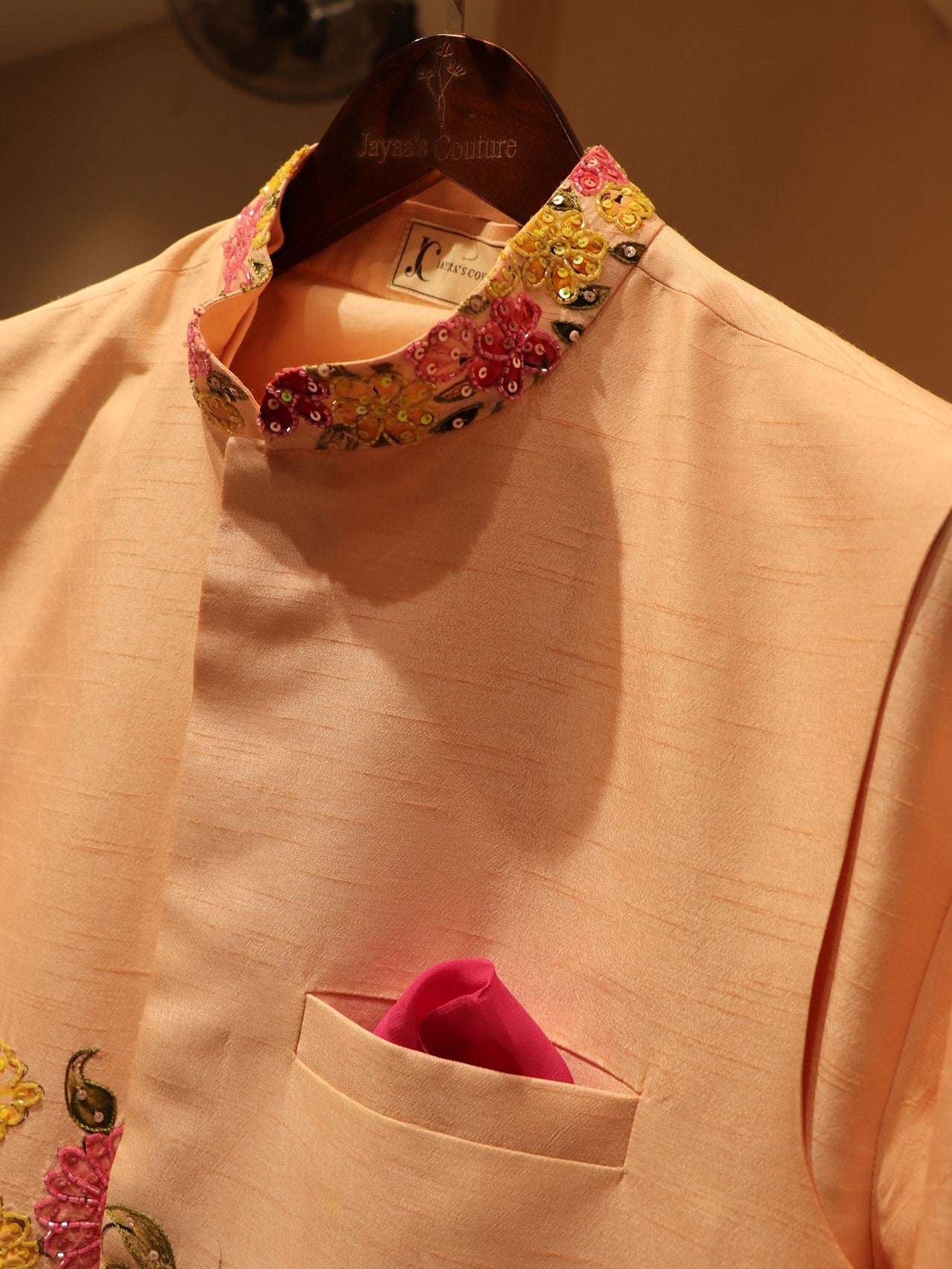 Pastel peach hand painted mens neheru jacket kurta pants