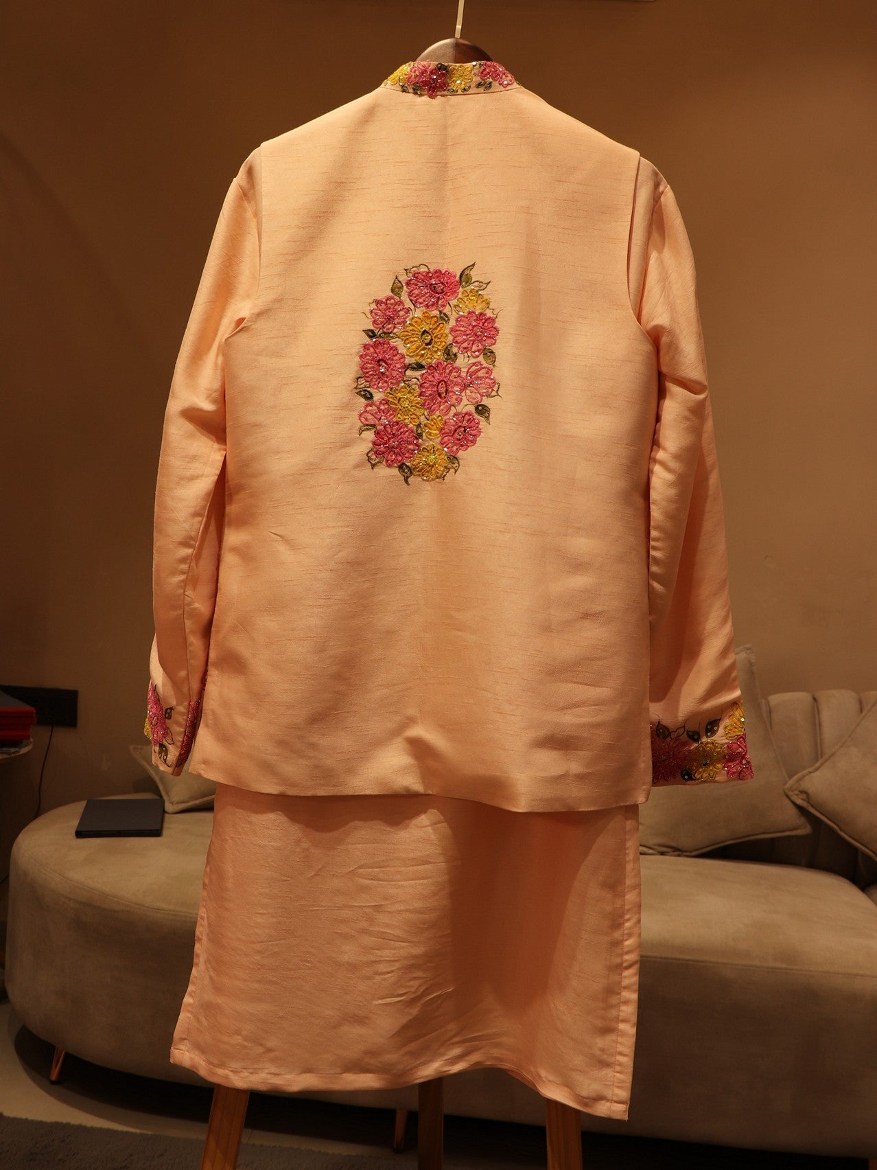 Pastel peach hand painted mens neheru jacket kurta pants