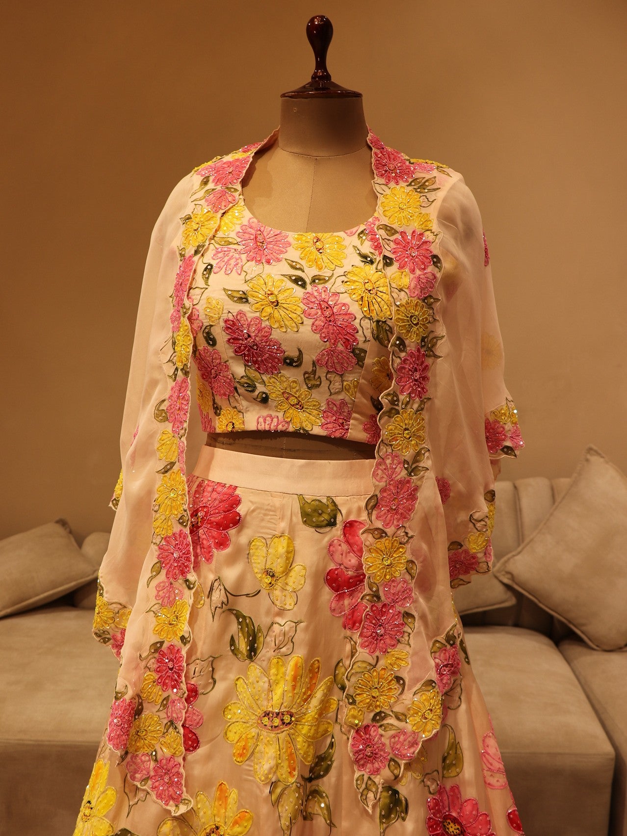 Pastel peach hand painted lehenga set