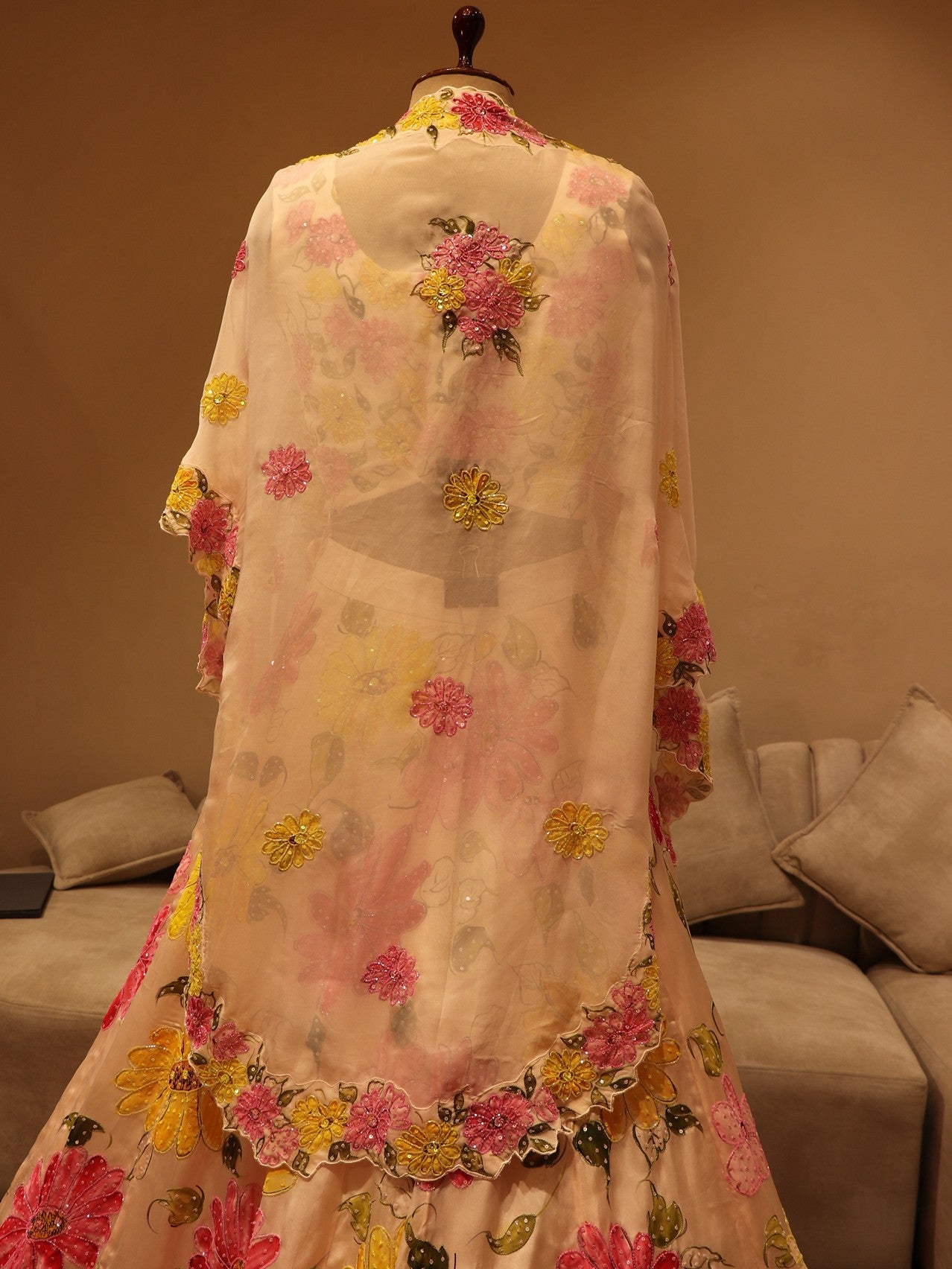Pastel peach hand painted lehenga set