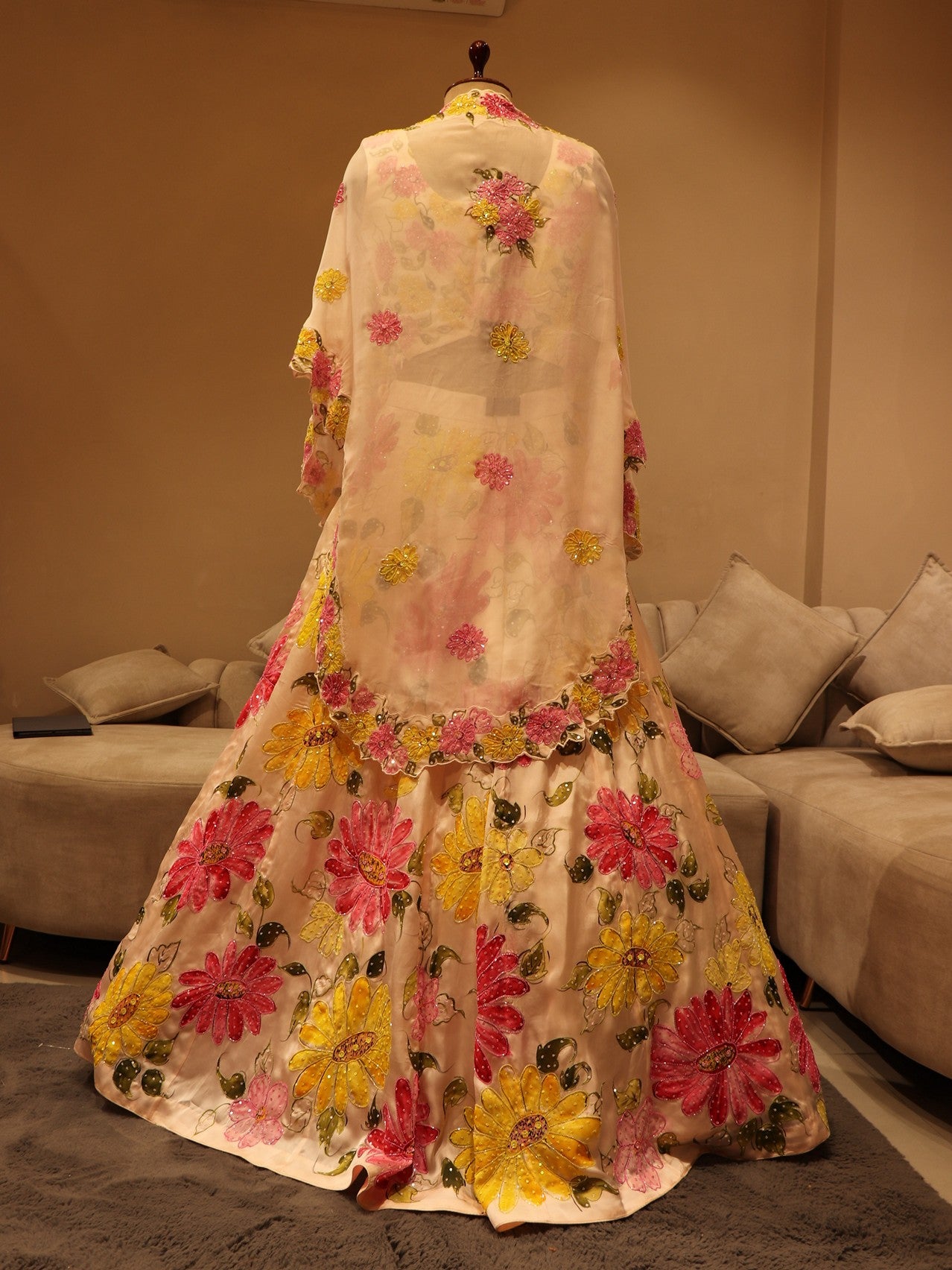 Pastel peach hand painted lehenga set