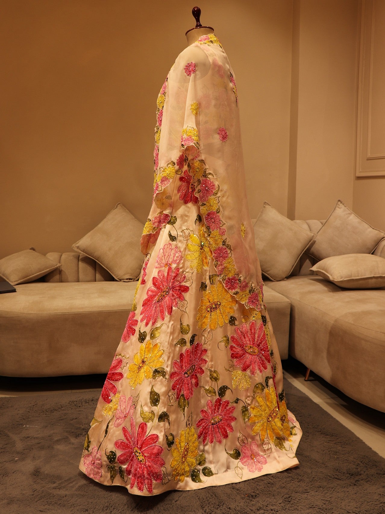 Pastel peach hand painted lehenga set