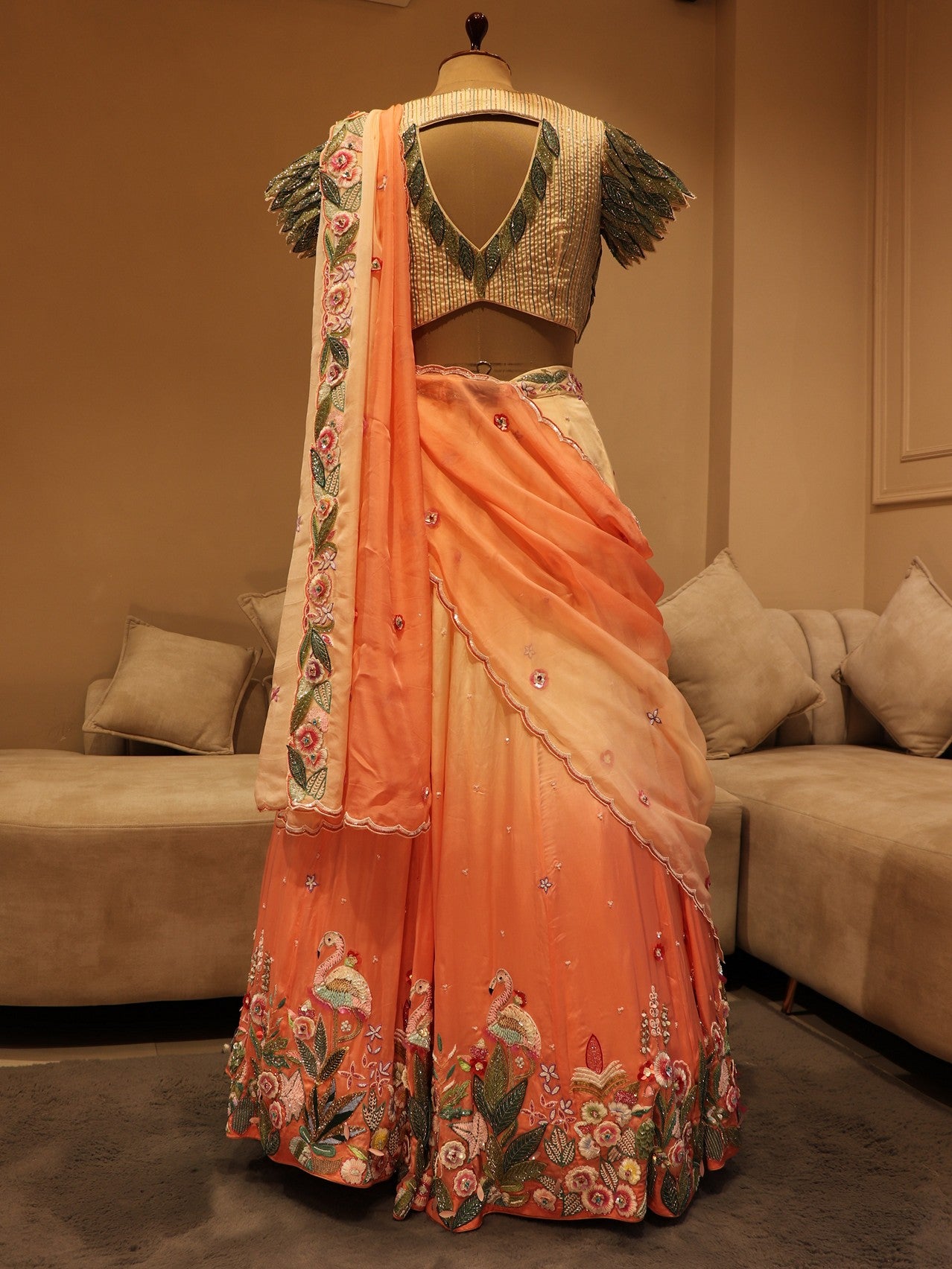 Green peach shaded lehenga set