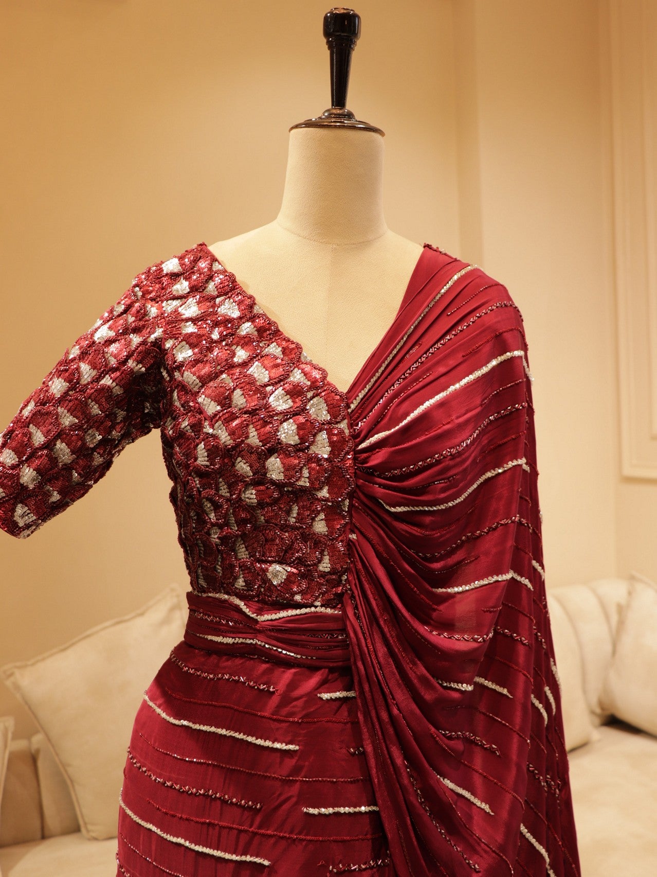 Maroon 3d flowers drape saree gown