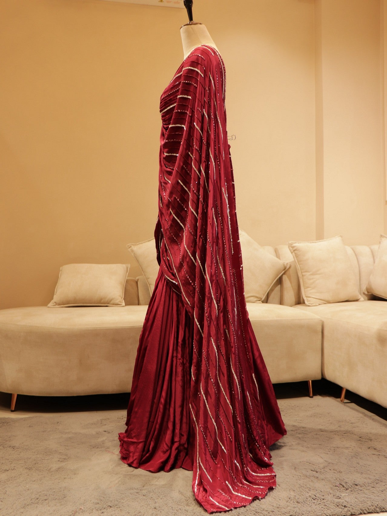 Maroon 3d flowers drape saree gown