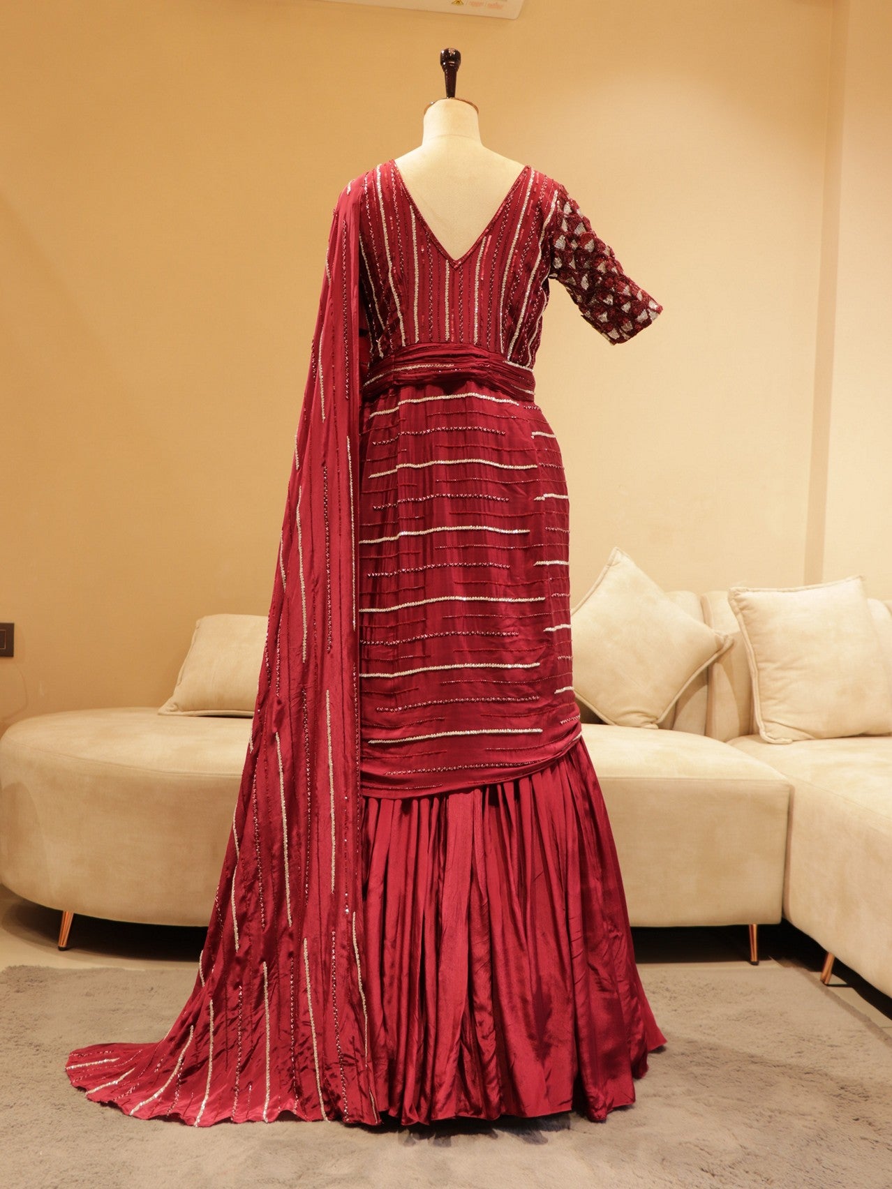 Maroon 3d flowers drape saree gown