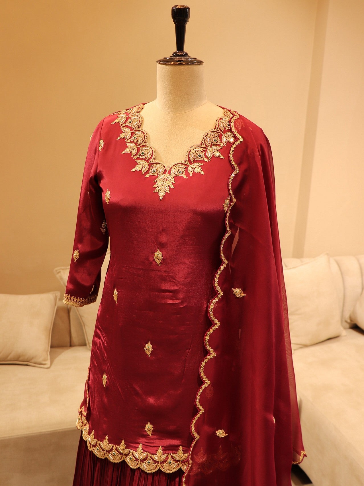 Deep maroon kurta with sharara dupatta