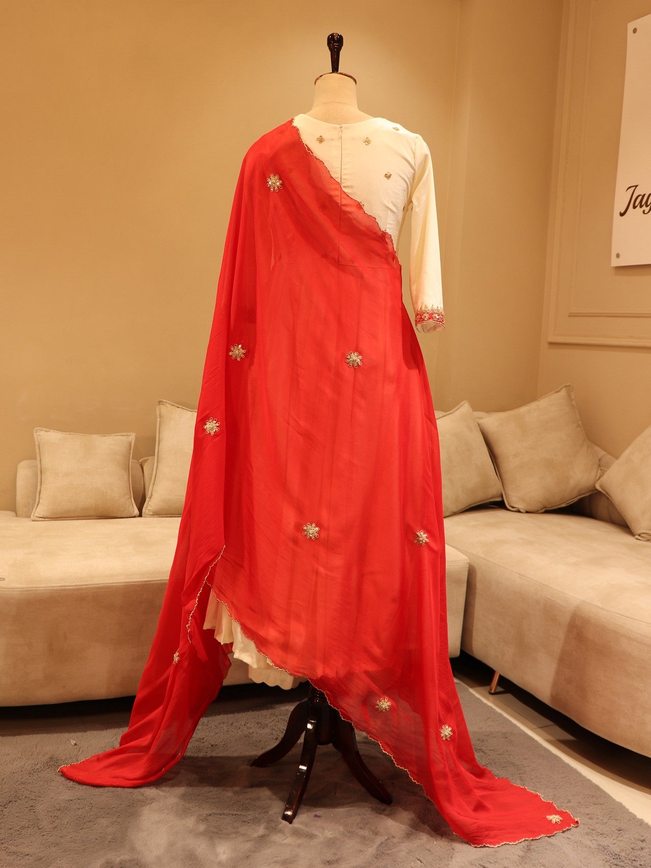 White anarkali with plazo and red dupatta