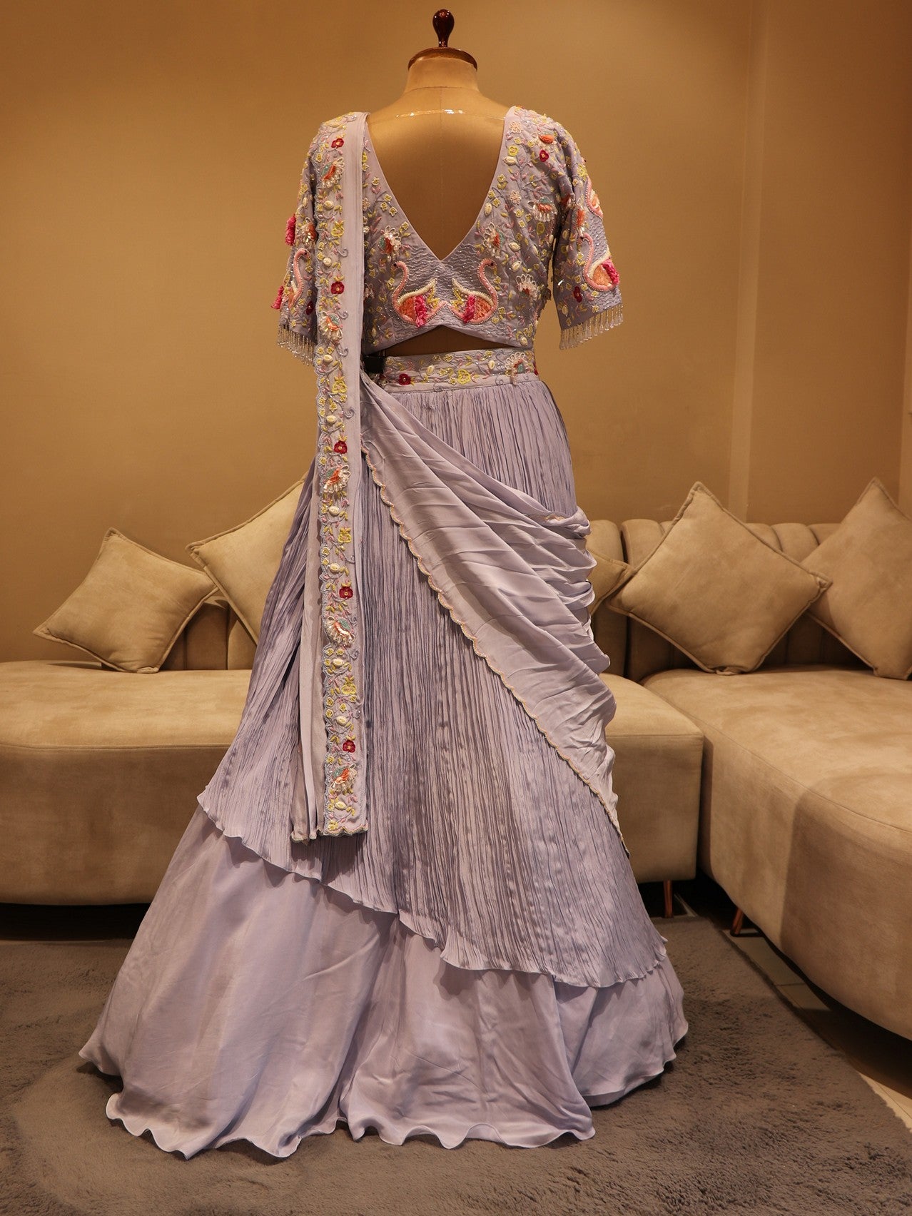 Ice blue swans crushed lehenga set