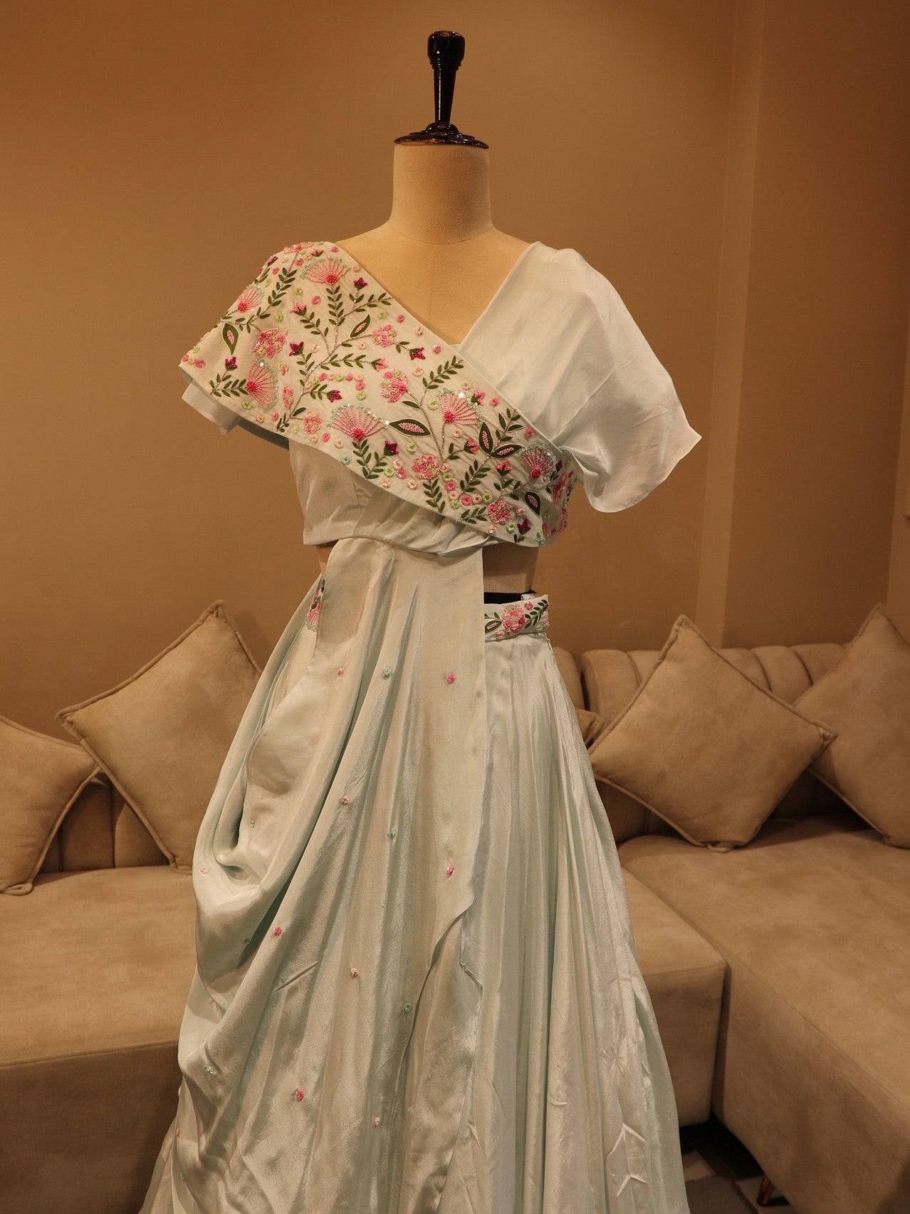 Powder blue drape lehenga set