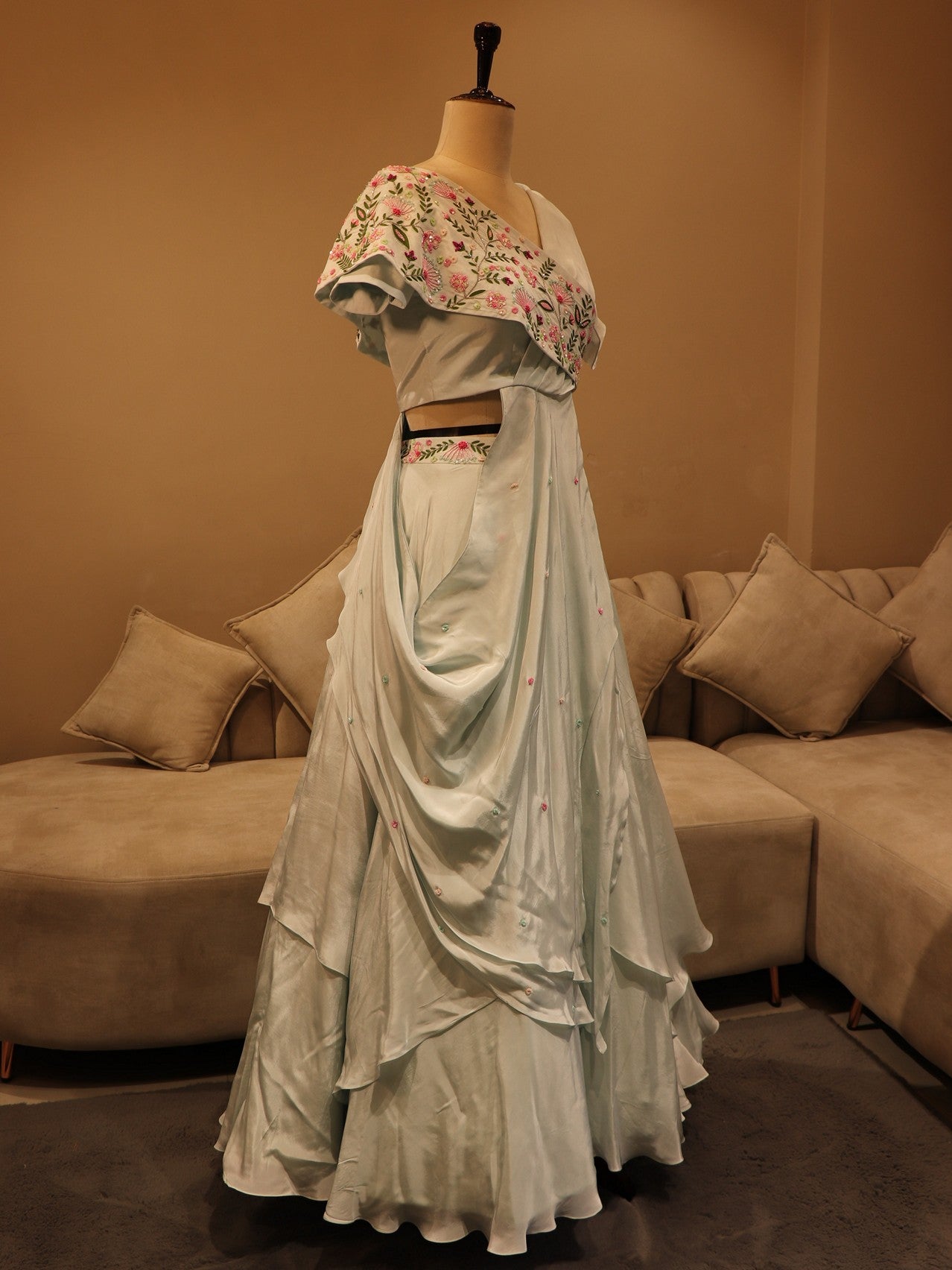 Powder blue drape lehenga set