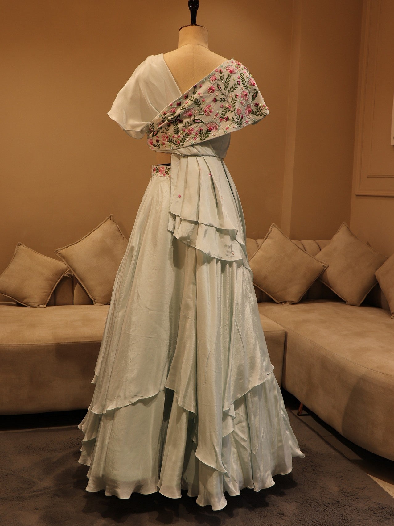 Powder blue drape lehenga set
