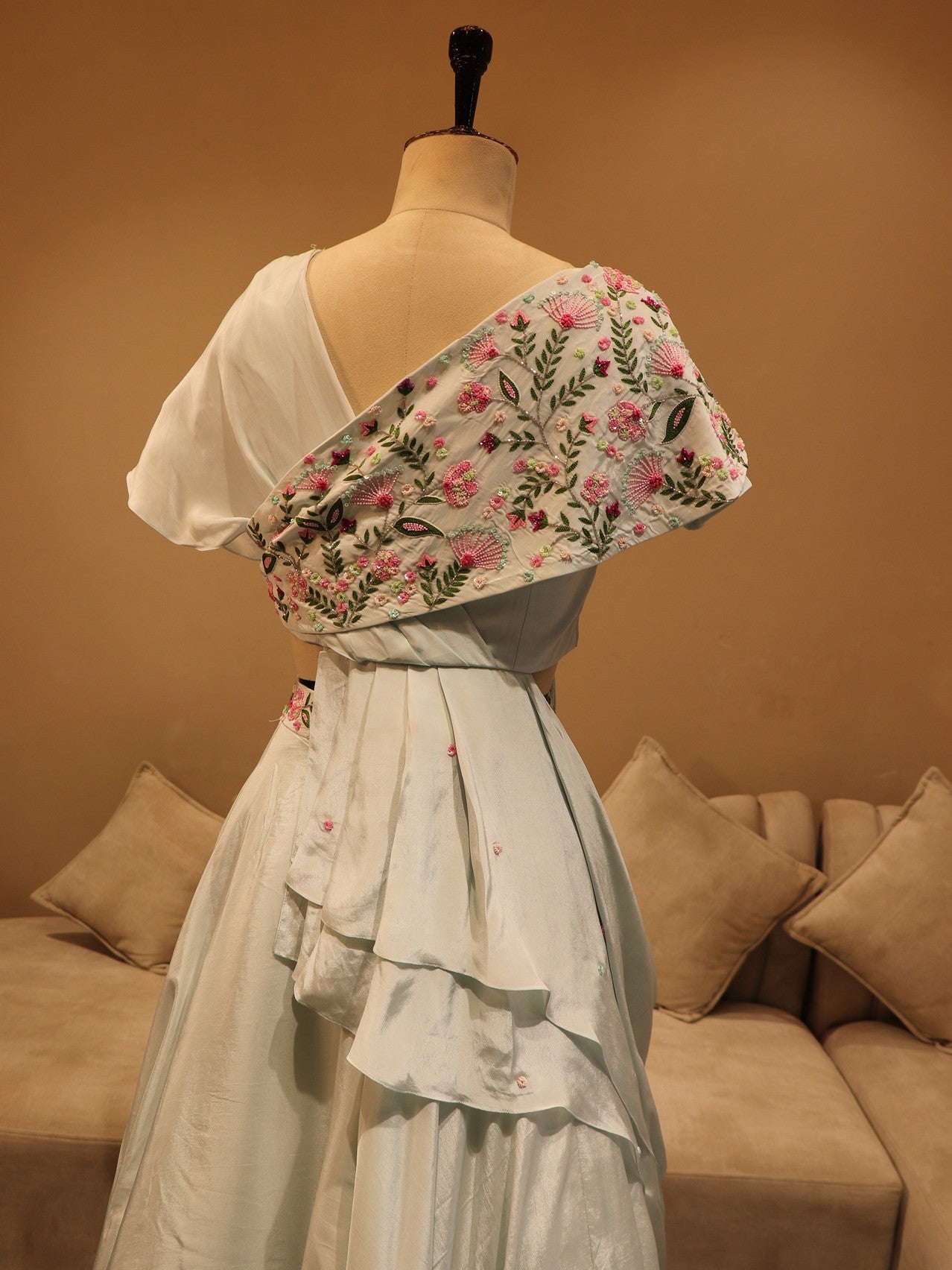 Powder blue drape lehenga set