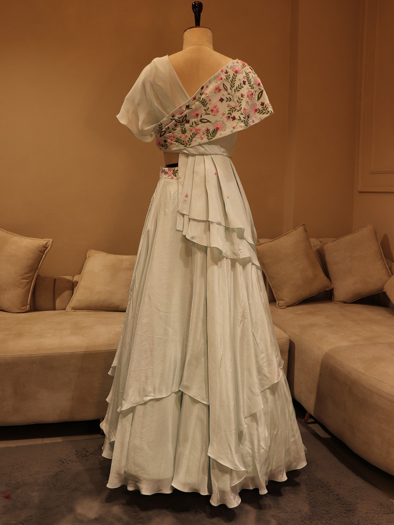 Powder blue drape lehenga set